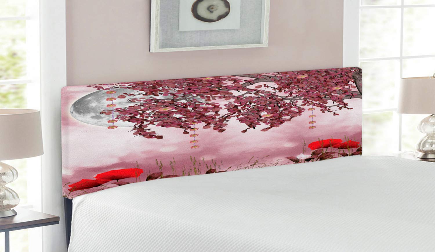 Ambesonne Queen Size Upholstered Headboard - Poppy Flower & Full Moon Floral Design with Memory Foam, Decorative Metal Bed Frame Headboard in Mauve Red | Perfect for Bedroom Decor, Guest Rooms & Bohemian Style Homes