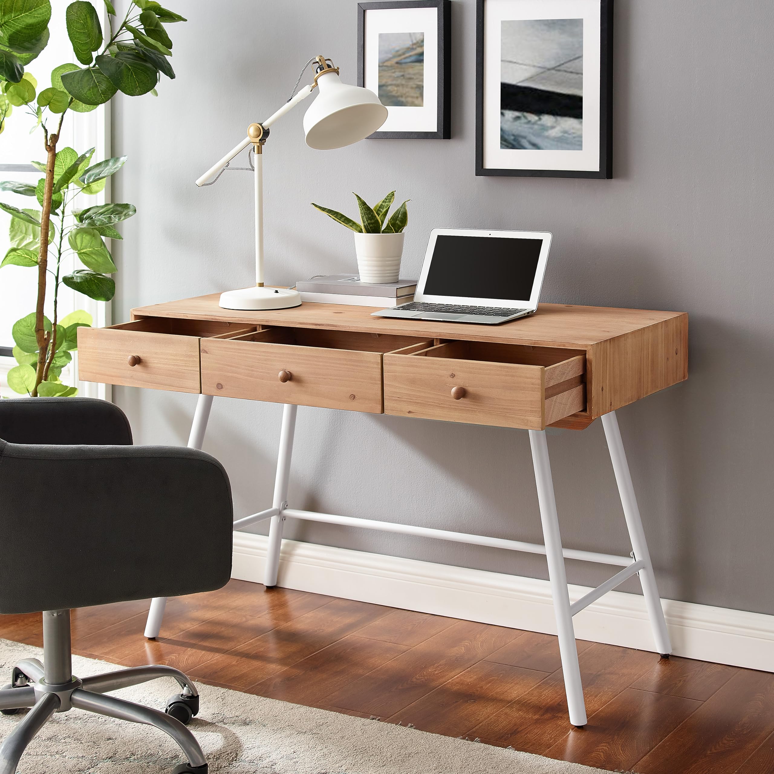 Linon Wood and Metal 3-Drawer Writing Desk in Natural & White - Stylish Home Office Furniture for Small Spaces, Dorm Rooms & Workspaces