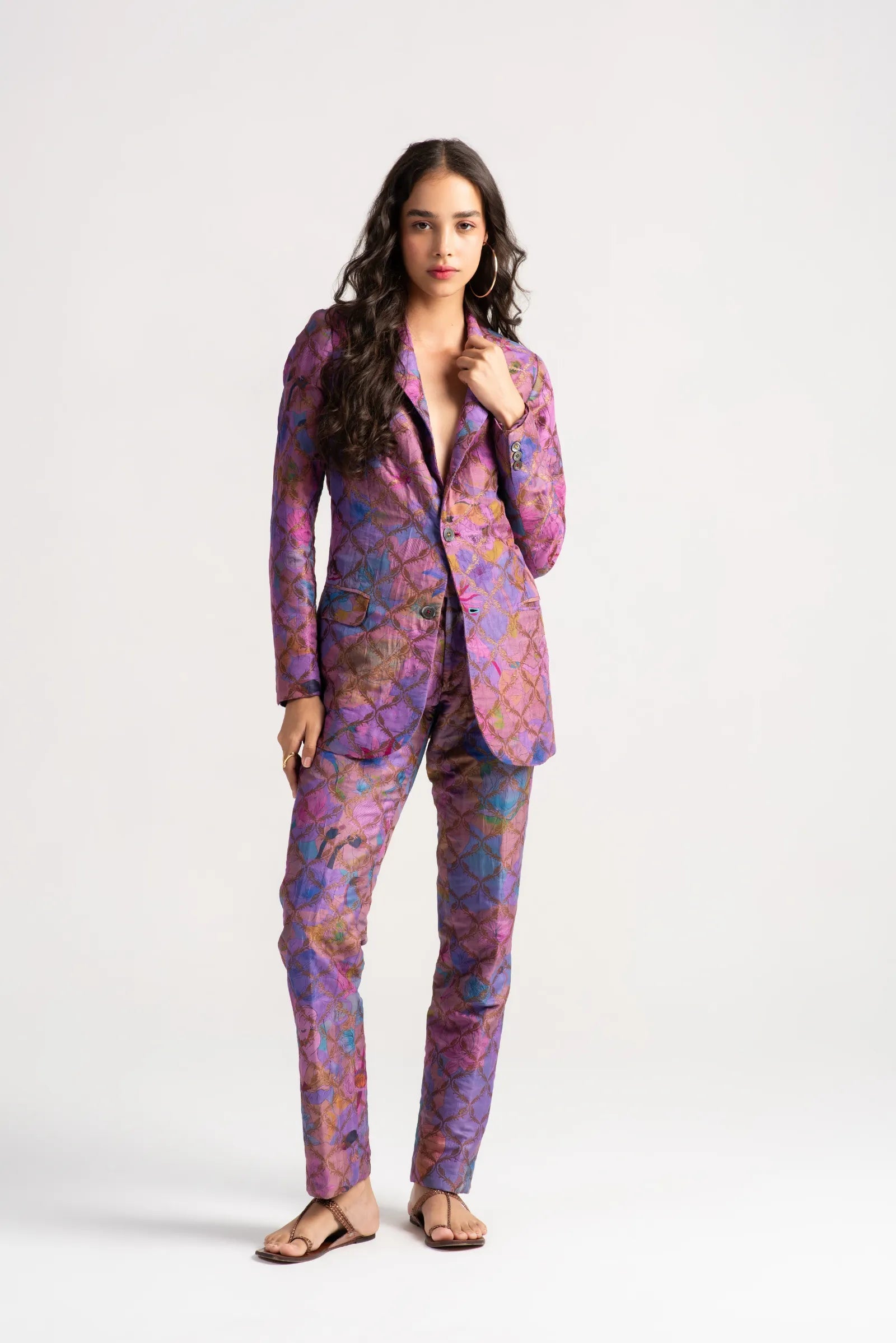 Boot Cut Trousers Women's Silk Brocade Pants in Amethyst Purple - Elegant Evening Wear & Special Occasion Outfit