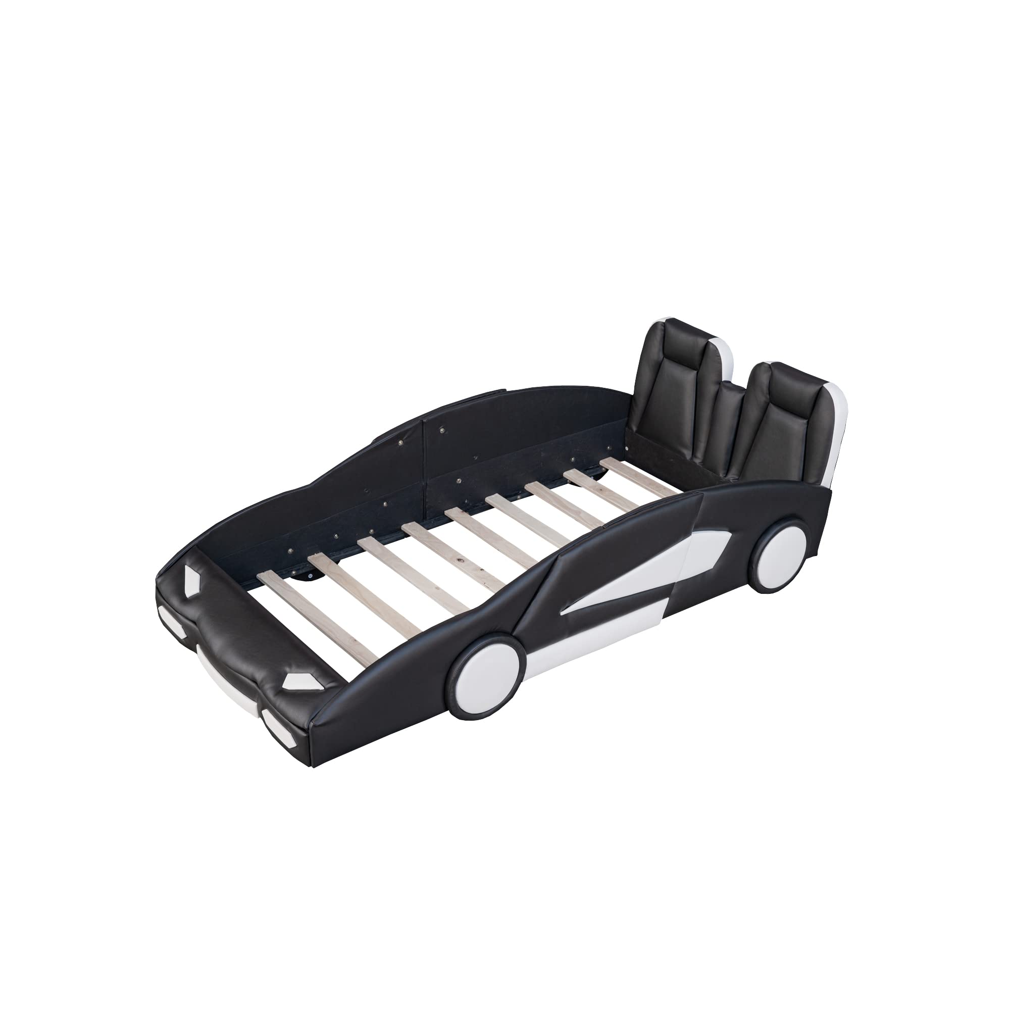 SOFTSEA Twin Size Race Car Bed Frame for Kids - Black Car-Shaped Platform Bed with Wheels, Guardrail & Soft Headboard | No Box Spring Needed | Perfect for Boys & Girls Bedrooms, Playrooms & Themed Kids Rooms