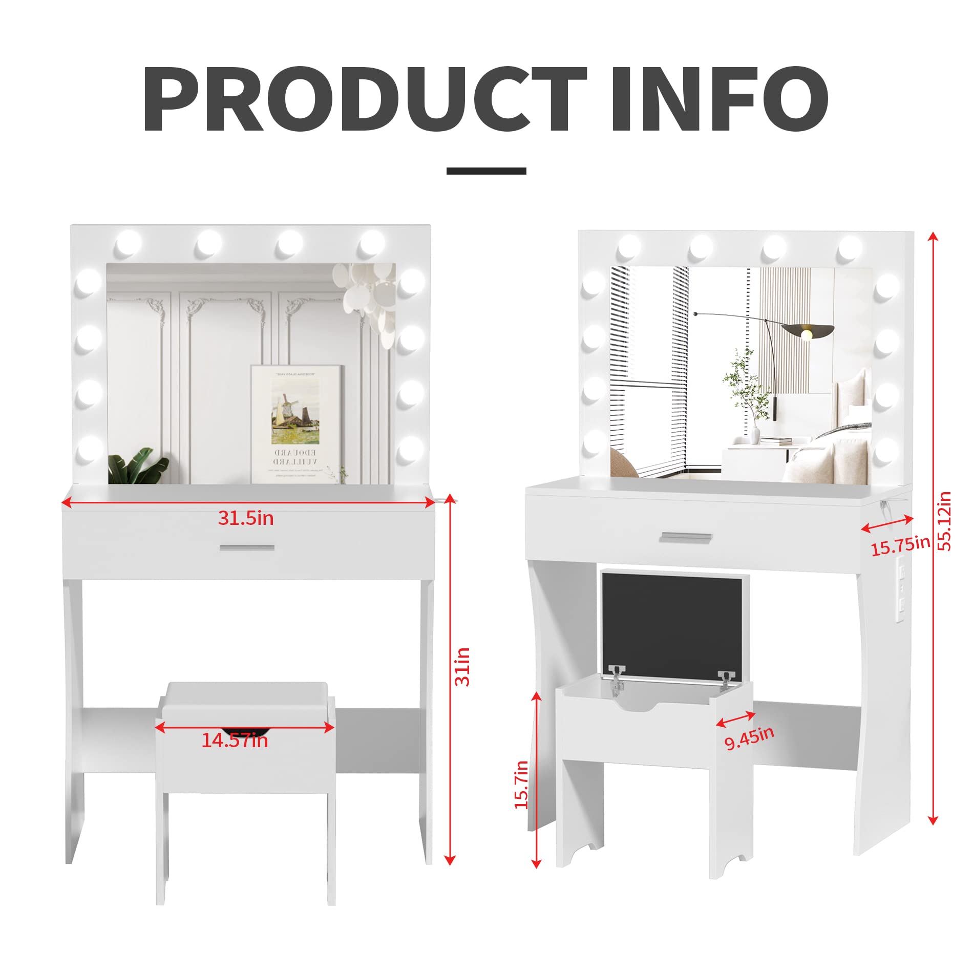White Makeup Vanity Desk with LED Lights & Charging Station - 3 Color Modes, Large Mirror & Storage Stool - Perfect Dressing Table for Bedroom, Beauty Room & Home Salon