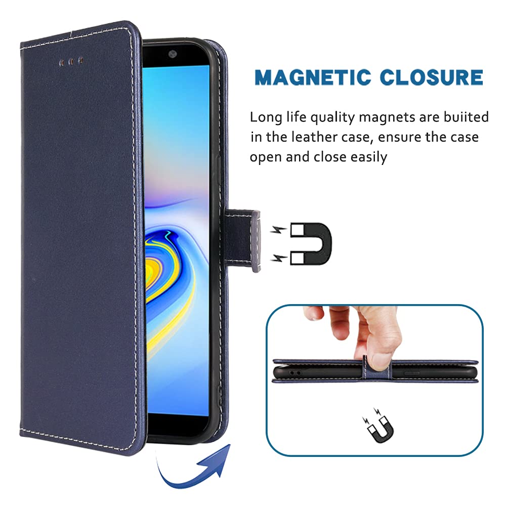 Samsung Galaxy J6 Plus 2018 Wallet Case with Wrist Strap & Card Holder - Leather Flip Cover Phone Case for J6/J6+/J6 Plus (SM-J610FN) - Blue | Perfect for Work, Travel & Everyday Protection