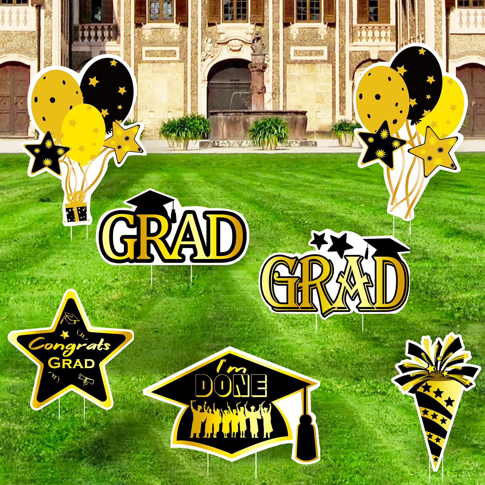 Gold Graduation Yard Signs Decorations - Black & Gold Lawn Signs with Stakes for Outdoor Graduation Party Decor - Durable Graduation Party Supplies for Backyard, Garden & School Celebrations