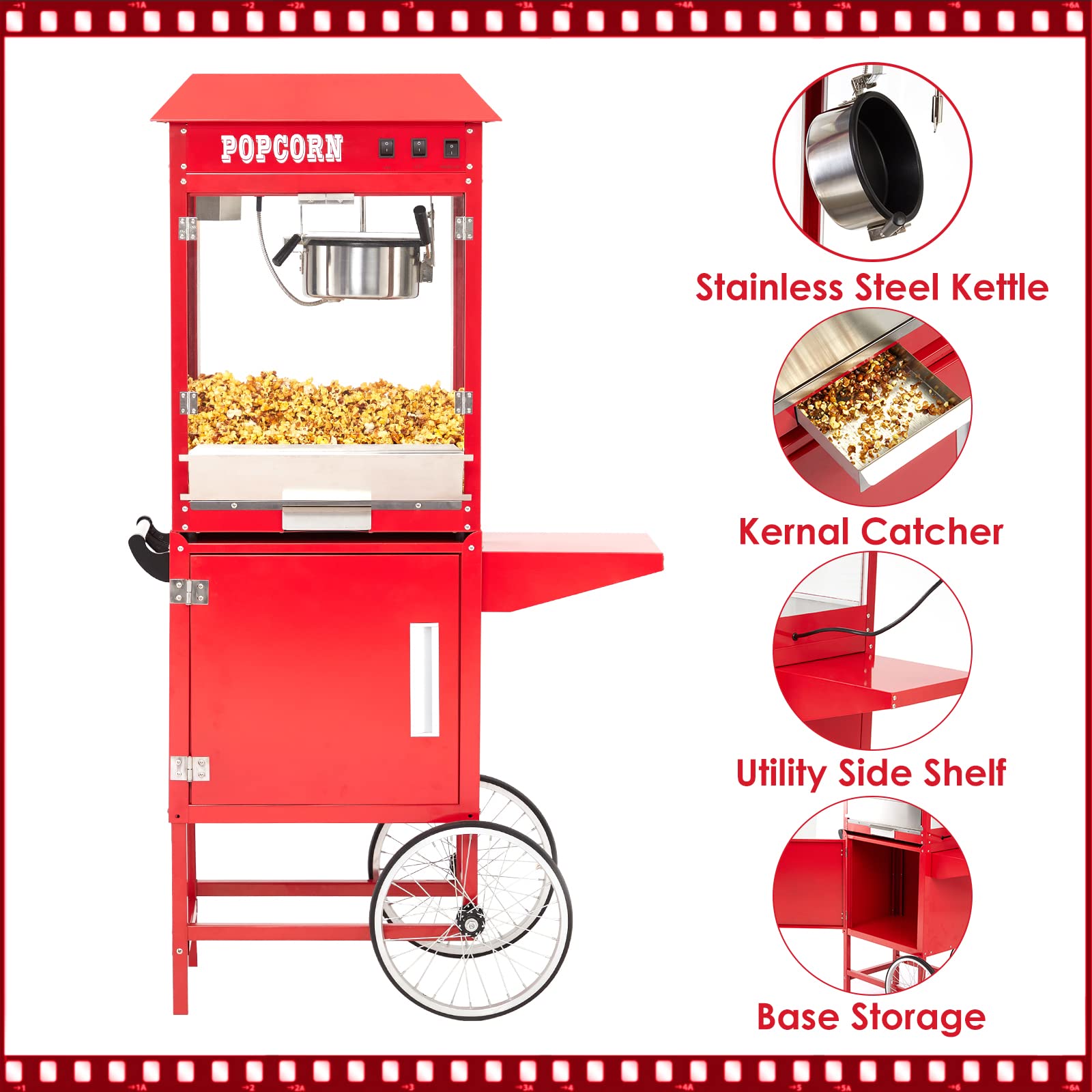 Commercial Popcorn Machine with Cart & 10 Oz Kettle - Makes 64 Cups, 3-Switch Control, Theater Style Popper for Movie Nights, Parties & Concessions