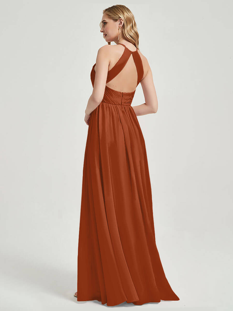 Elegant Burnt Orange Halter Pleated Keyhole Back Chiffon Bridesmaid Dress - Perfect for Weddings, Formal Events & Special Occasions