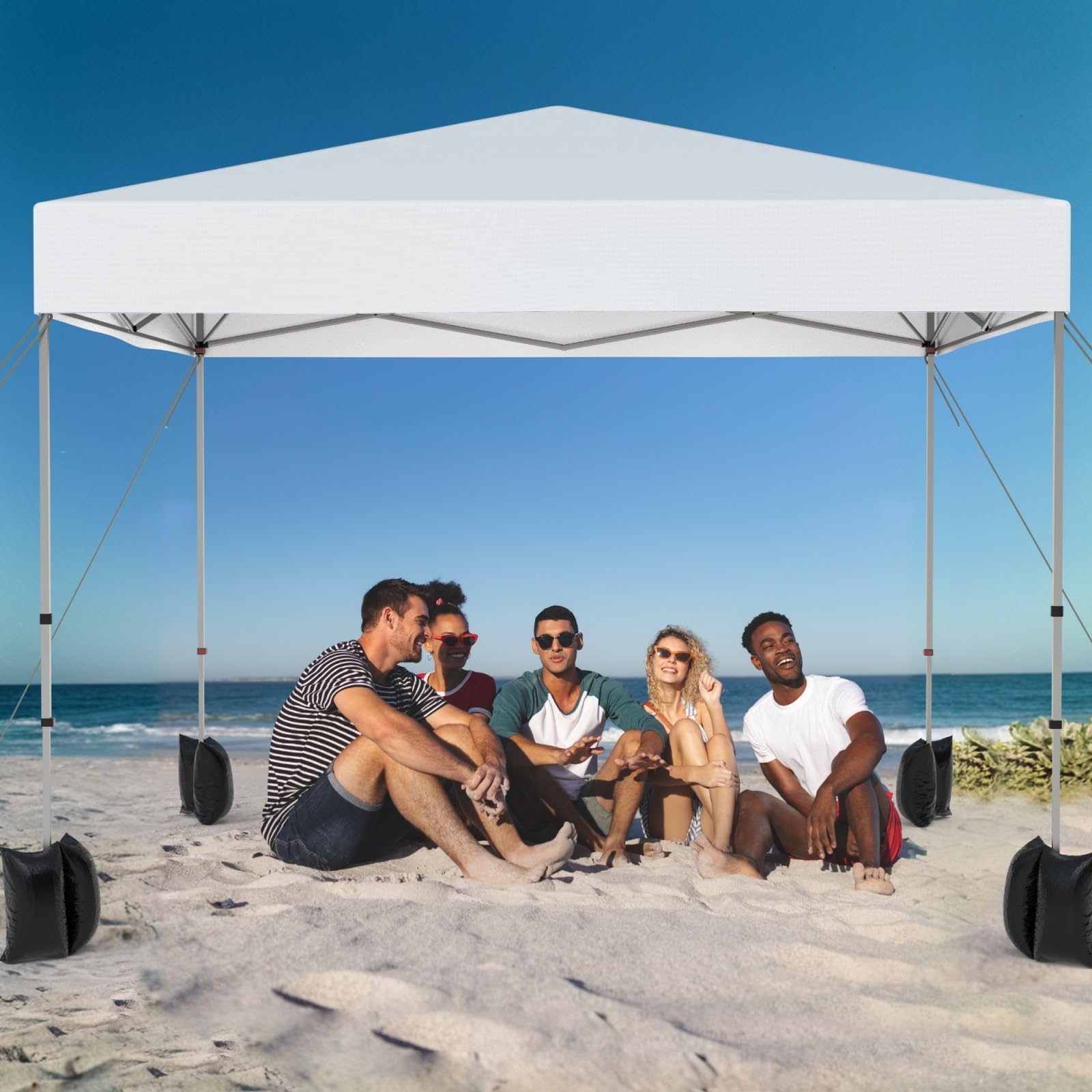 10x10ft Pop Up Canopy Tent - Easy 1-Person Setup Instant Shelter with Roller Bag | Includes 4 Weight Bags, 4 Ropes & 8 Stakes | Perfect for Beach Parties, Camping, Outdoor Events & Commercial Use - White