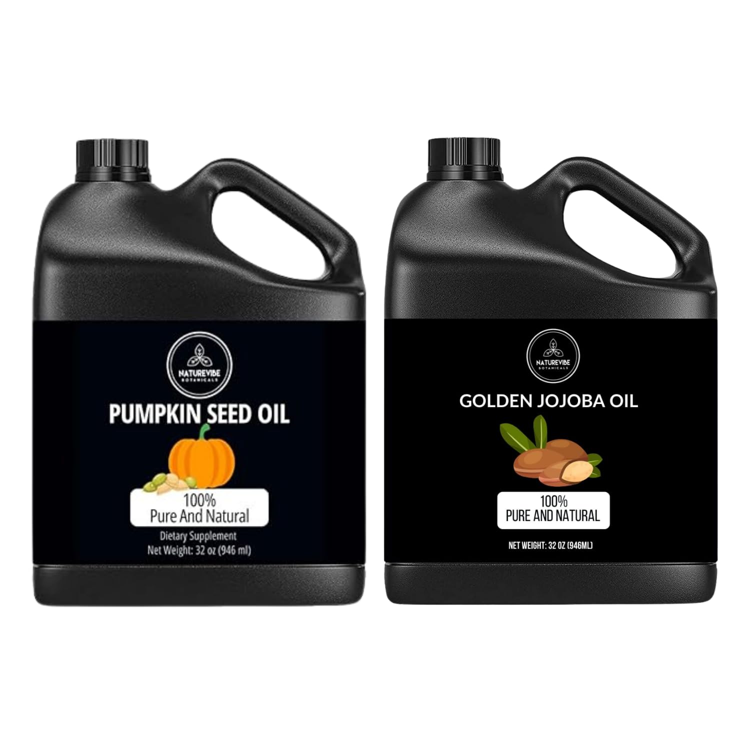 Naturevibe Botanicals Organic Pumpkin Seed Oil & Golden Jojoba Oil Combo - 32oz Each | Cold-Pressed, Unrefined for Hair Growth, Skin Care & Massage | Perfect for DIY Beauty Recipes & Aromatherapy