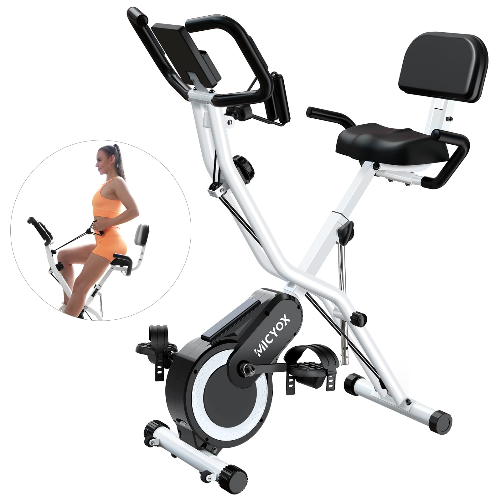 Micyox MX711 Foldable Exercise Bike - 3-in-1 Home Cycling Machine with Adjustable Backrest, Oversized Seat, 16-Level Magnetic Resistance, LCD Monitor & Heart Rate Sensor - Perfect for Home Gym, Cardio Workouts & Small Spaces
