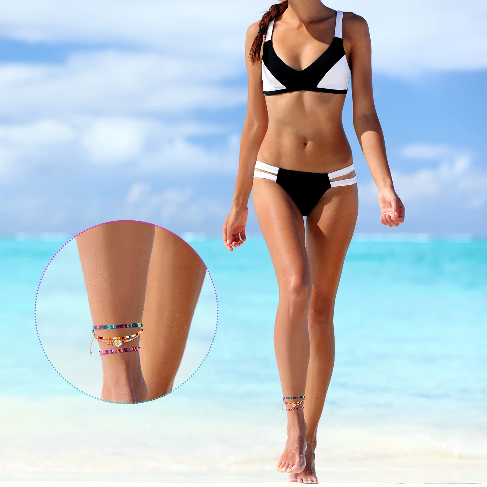 Jadive 6-Piece Bohemian Surfer Bracelet Set - Adjustable Woven Ankle & Wrist Bracelets for Women - Perfect for Beach, Festival & Christmas Gifts