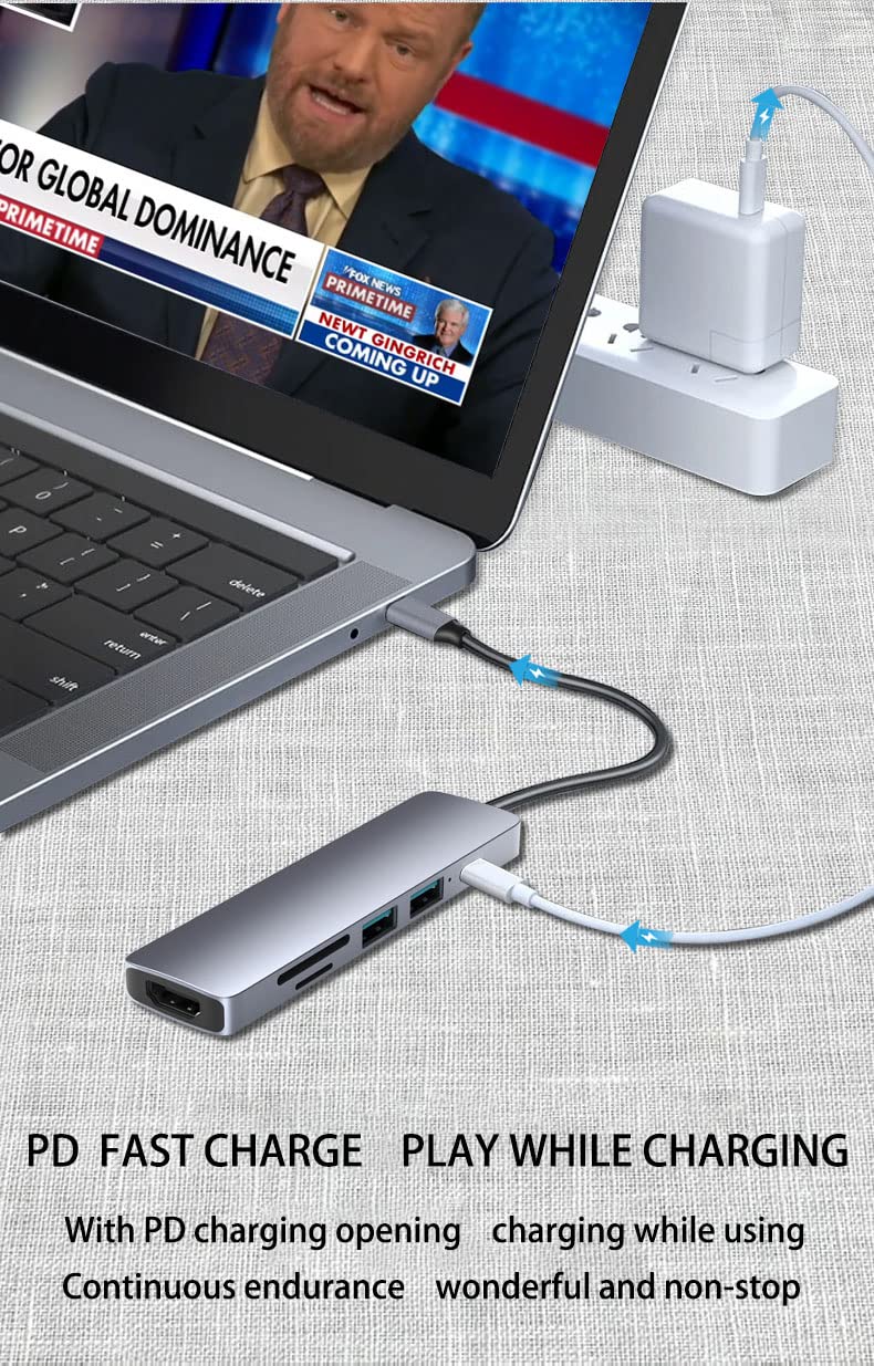 6-in-1 USB C Hub with 4K HDMI, USB 3.0 Ports & Power Delivery - Multi-Port Adapter for MacBook Pro/Air, iPad, Laptop & USB-C Devices | Ideal for Home Office, Travel & Video Conferencing
