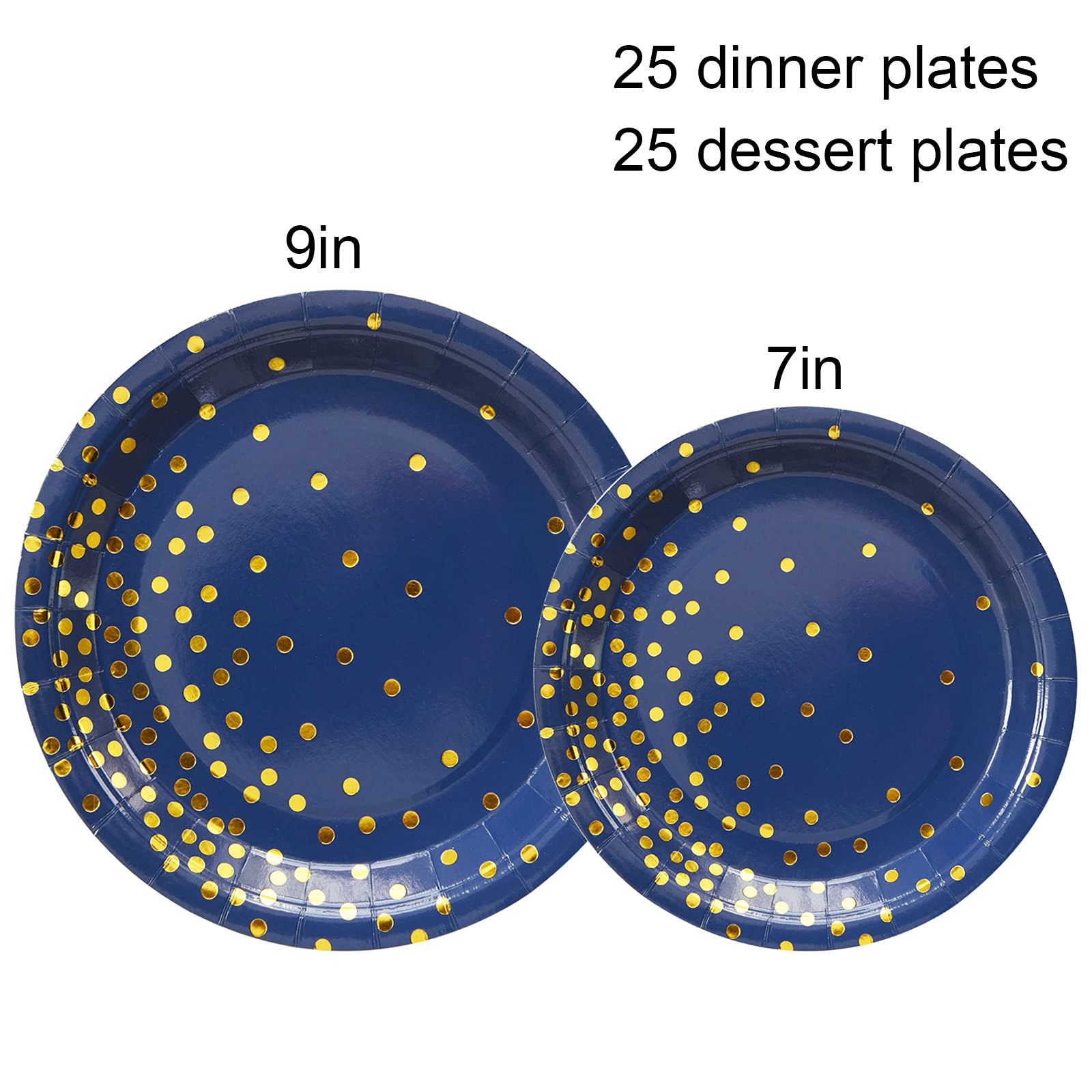 200-Piece Disposable Tableware Set for 25 Guests - Elegant Dark Blue & Gold Dot Paper Plates, Cutlery & Cups - Complete Dinnerware Kit for Birthday Parties, Picnics & Catering Events