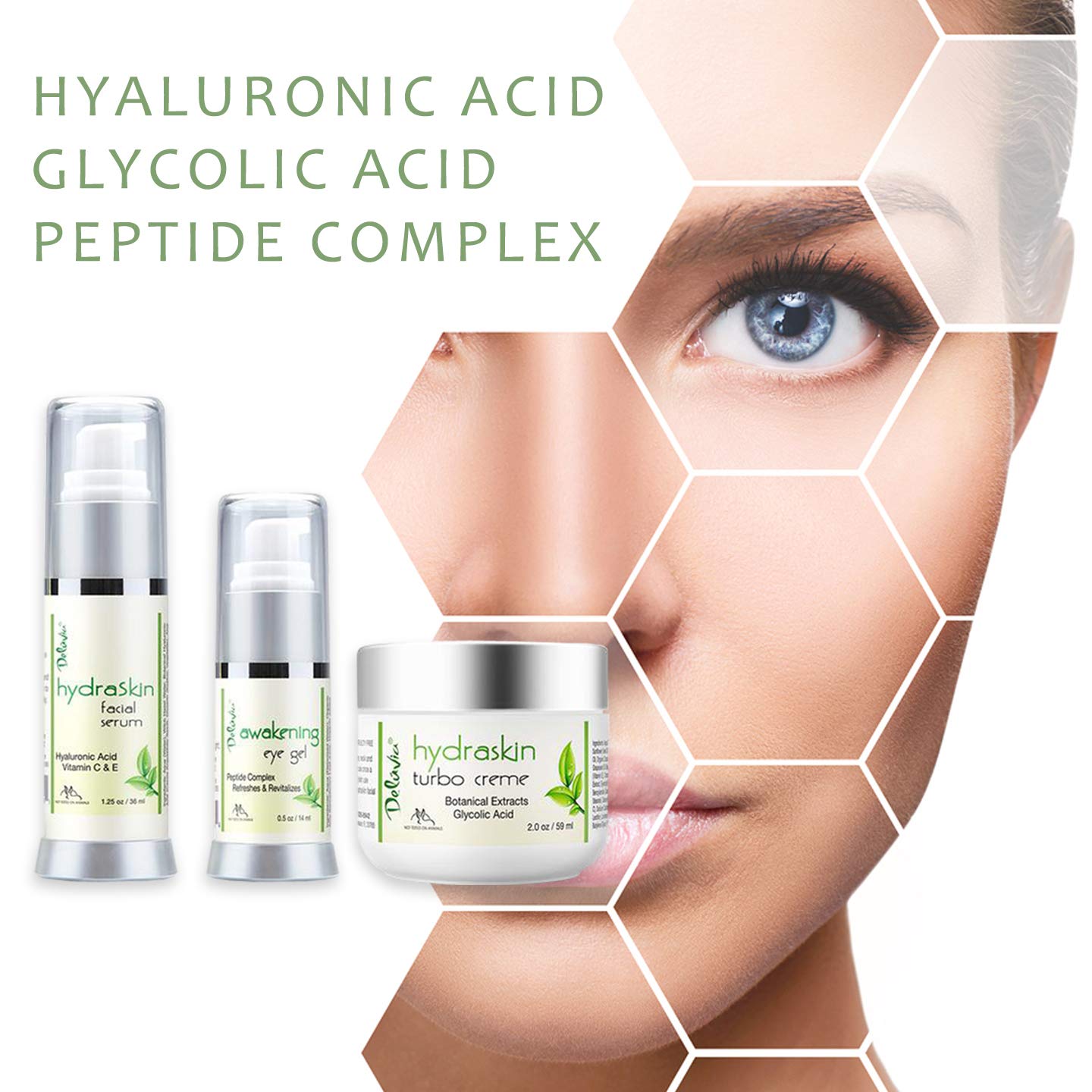 Deluvia HydraSkin Awakening System - Anti-Aging Skincare Set with Hyaluronic Acid, Vitamin C Serum & Night Cream | Organic Aloe Vera, Vitamin E & Essential Oils | Perfect for Dry Skin, Wrinkles & Dark Circles | Daily Facial Care Routine for Glowing Skin