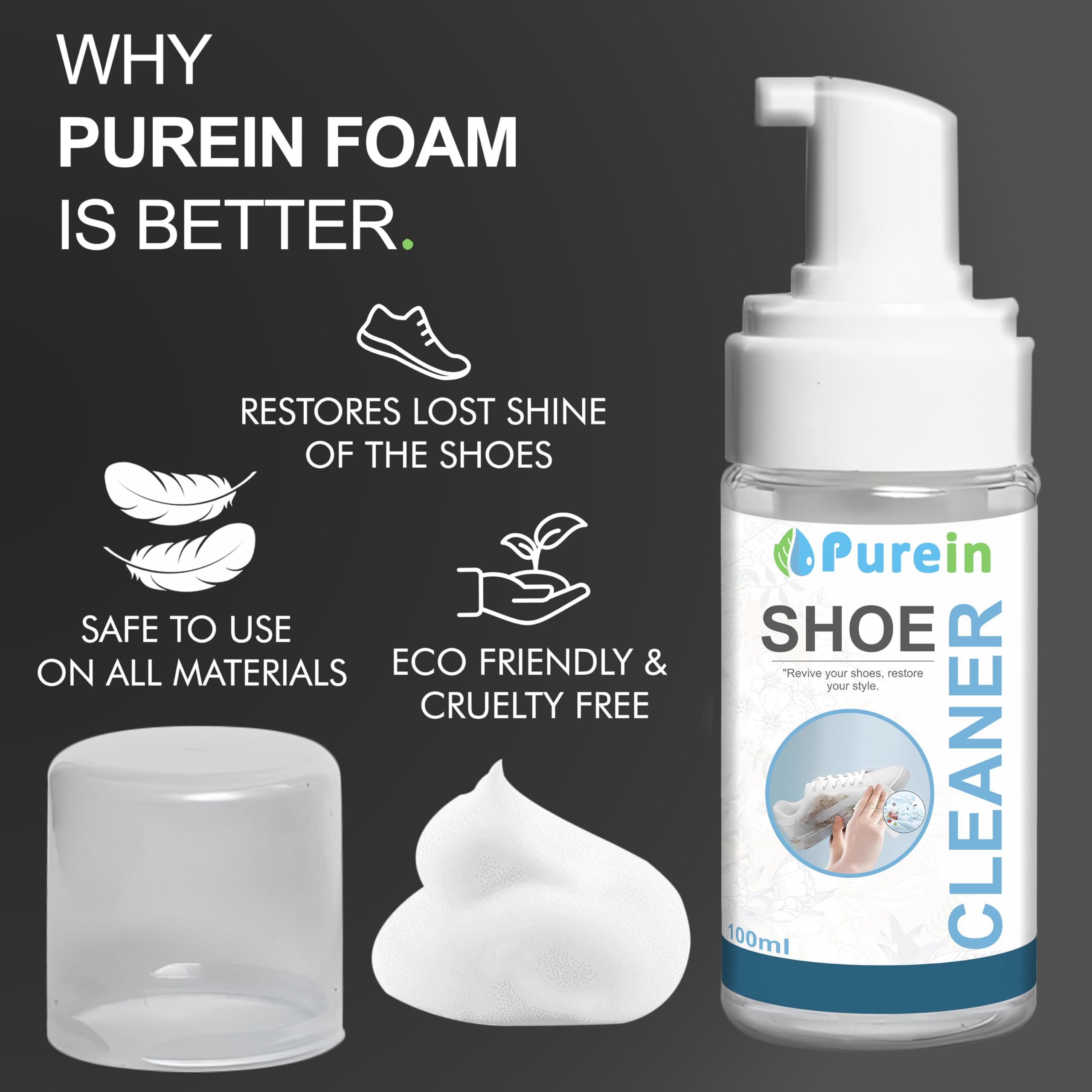 Purein Sneaker Cleaner Kit - 150ml with Brush | Fast-Acting for All Shoes | Yellow Edge Remover | Perfect for Gym & Daily Wear
