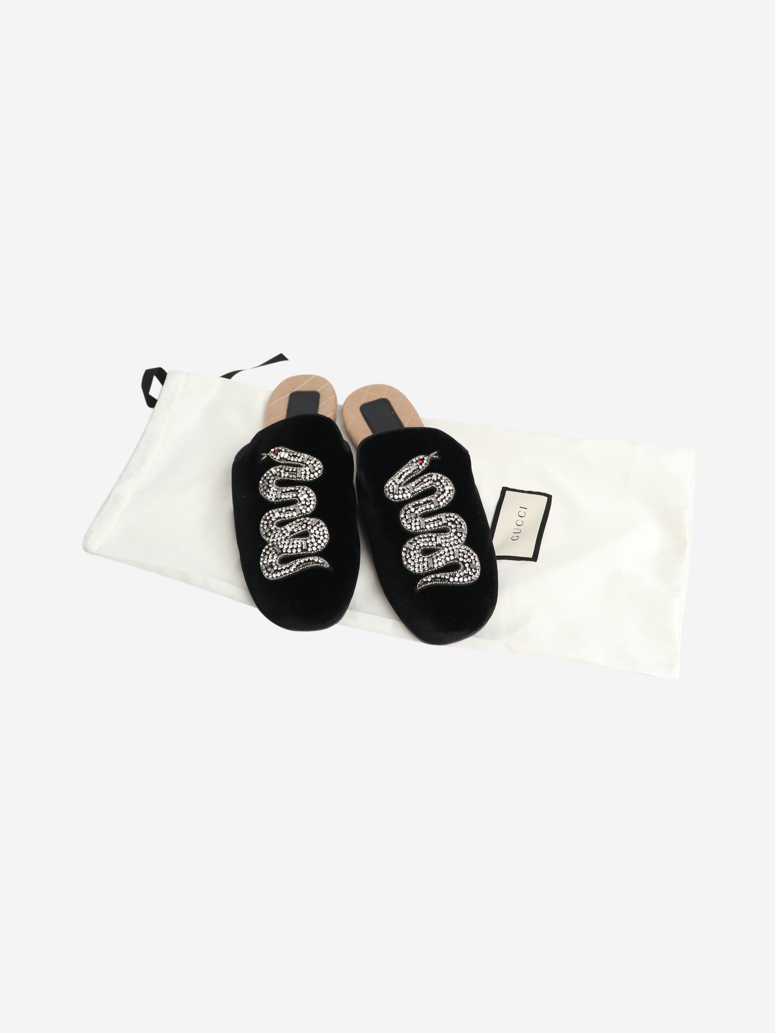Black Velvet Crystal Snake Slippers - Women's Size EU 38.5 (US 8) - Elegant House Shoes for Lounge, Bridal Party & Gift Giving