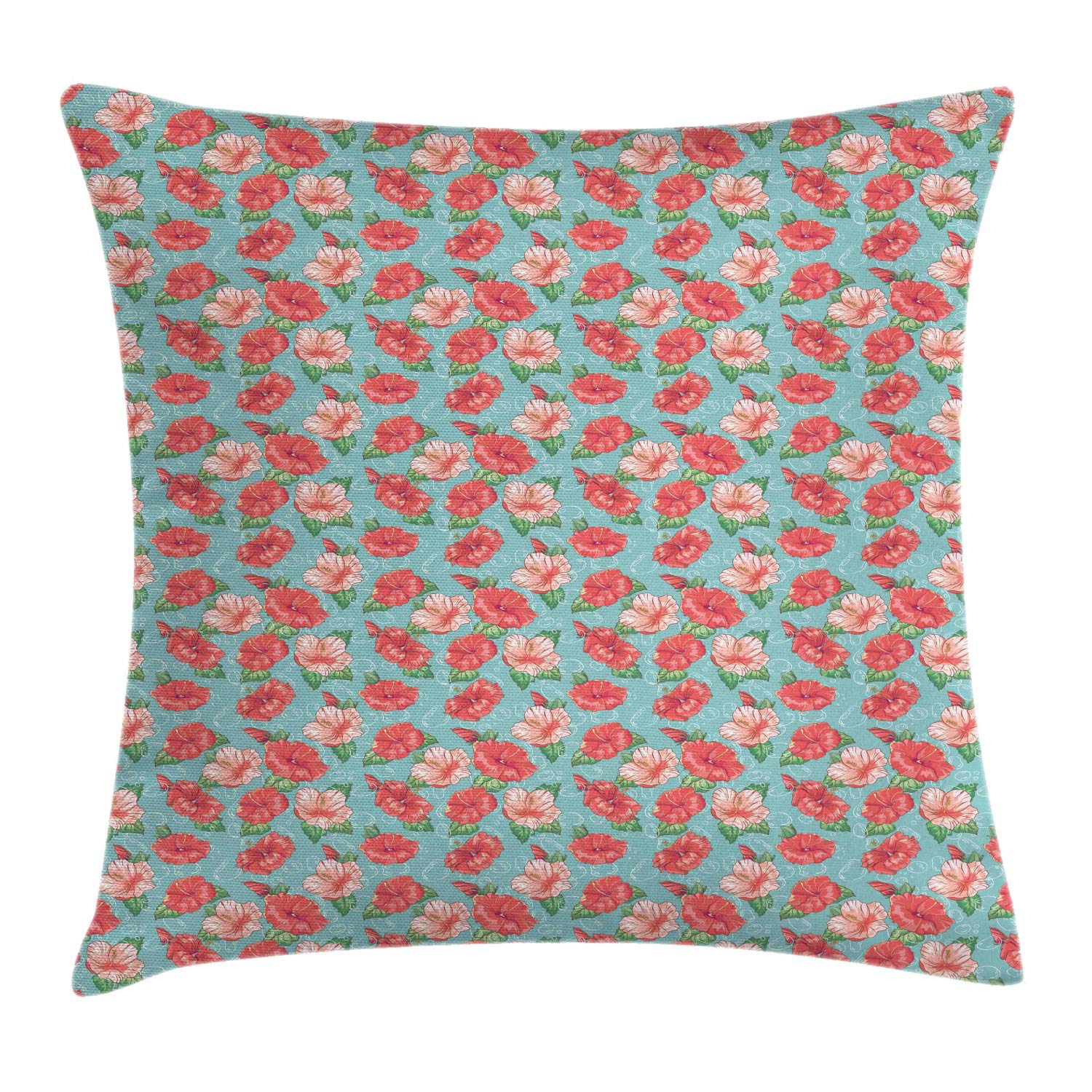 Ambesonne Hibiscus Throw Pillow Cover 40x40 Inches - Tropical Flowers & Bubbles Pattern Decorative Square Cushion Case in Teal Coral - Perfect for Sofa, Bedroom, Living Room & Home Decor