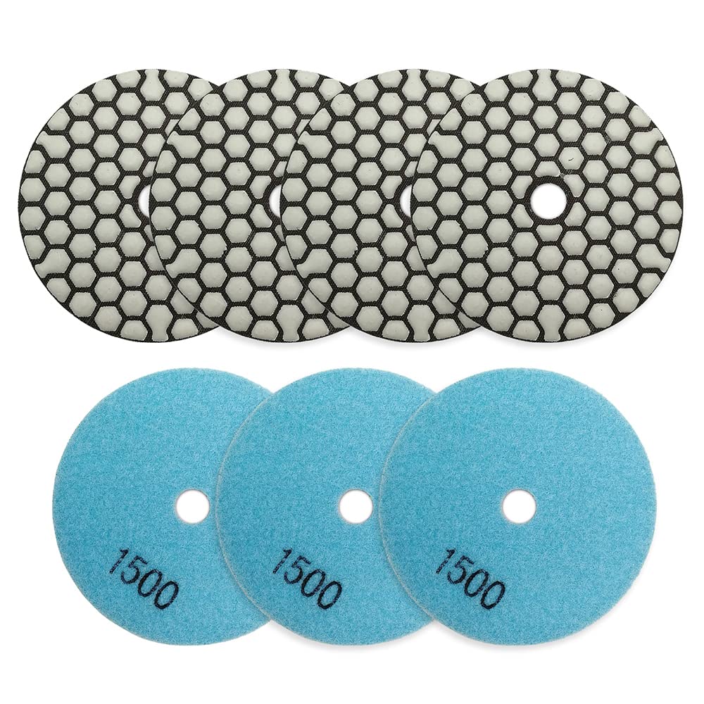 7-Piece 4 Inch Dry Diamond Polishing Pad Set #1500 Grit for Stone, Marble, Quartz, Granite - Professional Sanding Discs & Countertop Polish Kit - Perfect for Grinders & Polishers - Ideal for Kitchen Countertops, Bathroom Vanities & Floor Restoration