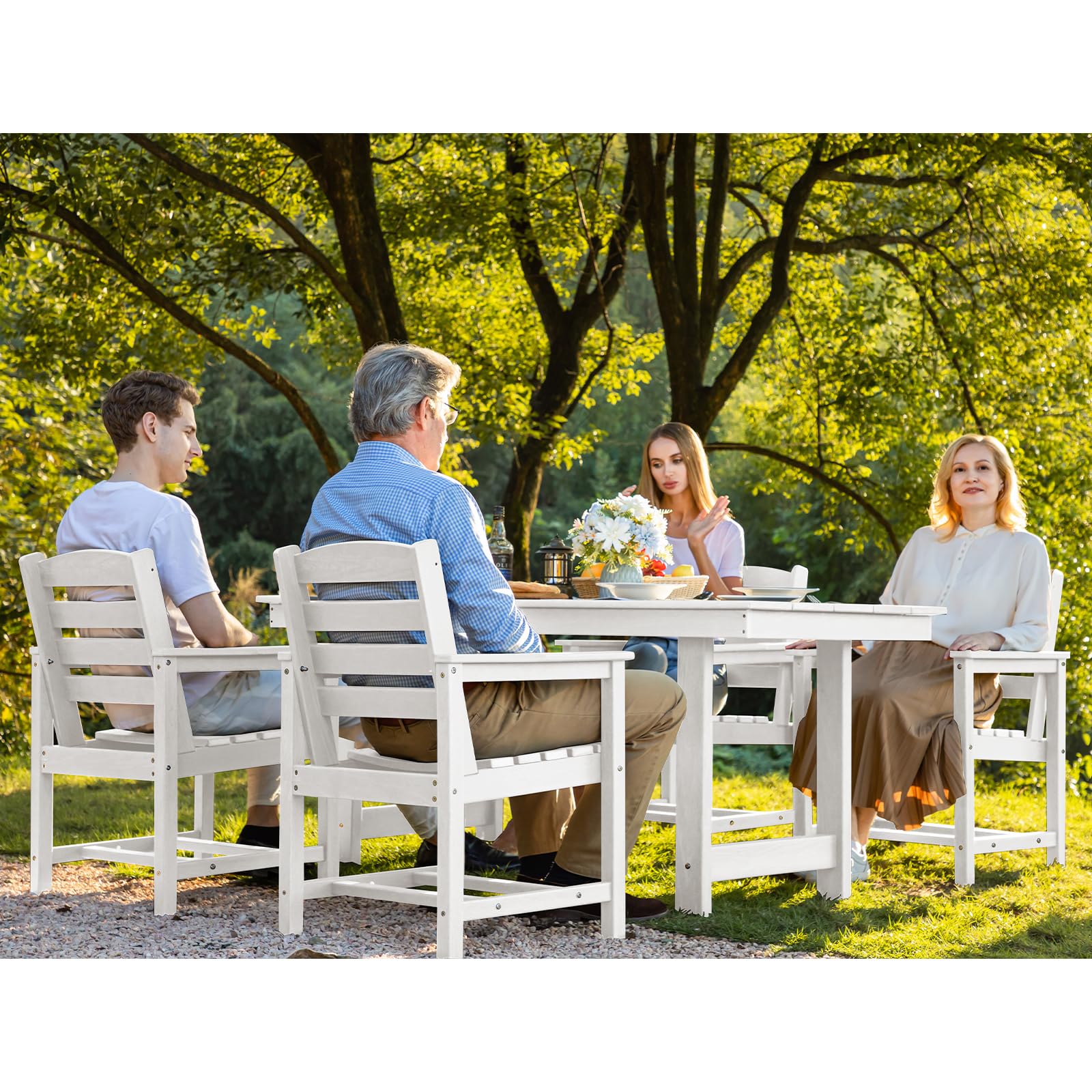 SERWALL 7-Piece Outdoor Dining Set - HDPE Patio Table with Umbrella Hole & 6 Chairs, White - Perfect for Backyard, Garden, and Poolside Entertaining