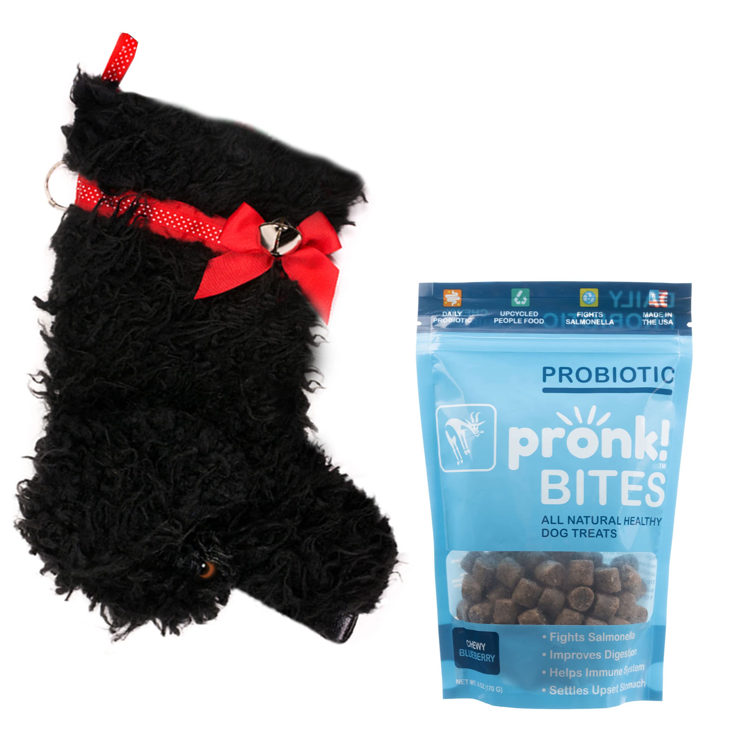 Pronk! Hearth Hounds Doodle Dog Christmas Stocking & Soft Baked Apple Upcycled Probiotic Dog Treats Bundle - Perfect for Holiday Gifting & Pet Training Rewards