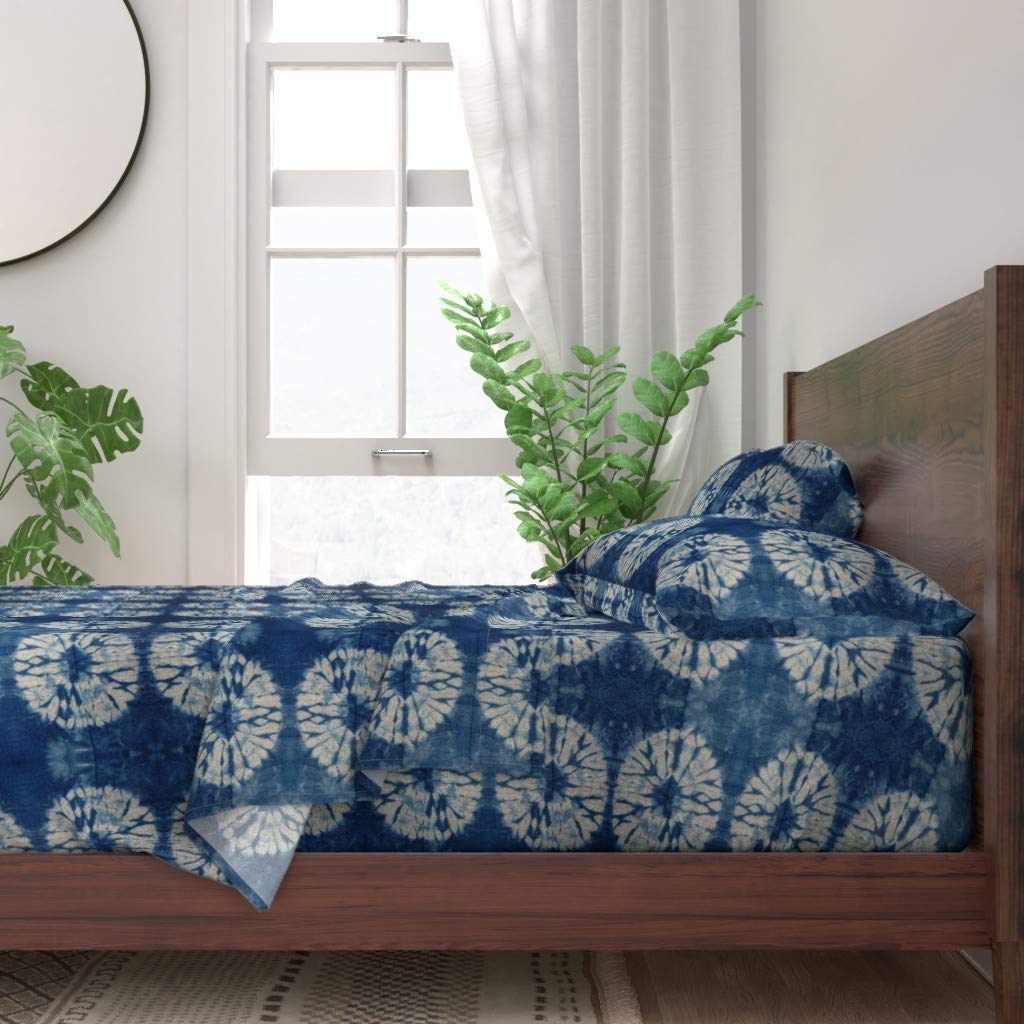 100% Cotton Queen Size 4-Piece Bed Sheet Set - Shibori Indigo Circles Tie Dye Pattern, Modern Blue Gender-Neutral Design for Summer | Soft Breathable Sheets for Bedroom, Guest Room & Nursery