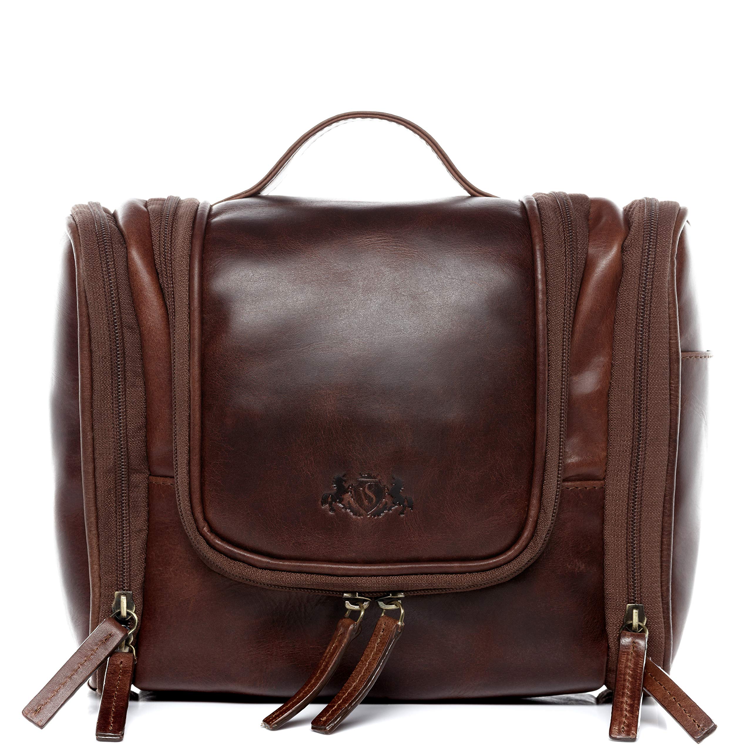 Premium Real Leather Toiletry Bag for Men & Women – SID & VAIN Wash Bag Dexter Large Travel Overnight Gym Shaving Bag – Unisex Brown Leather Organizer for Travel, Gym & Daily Use