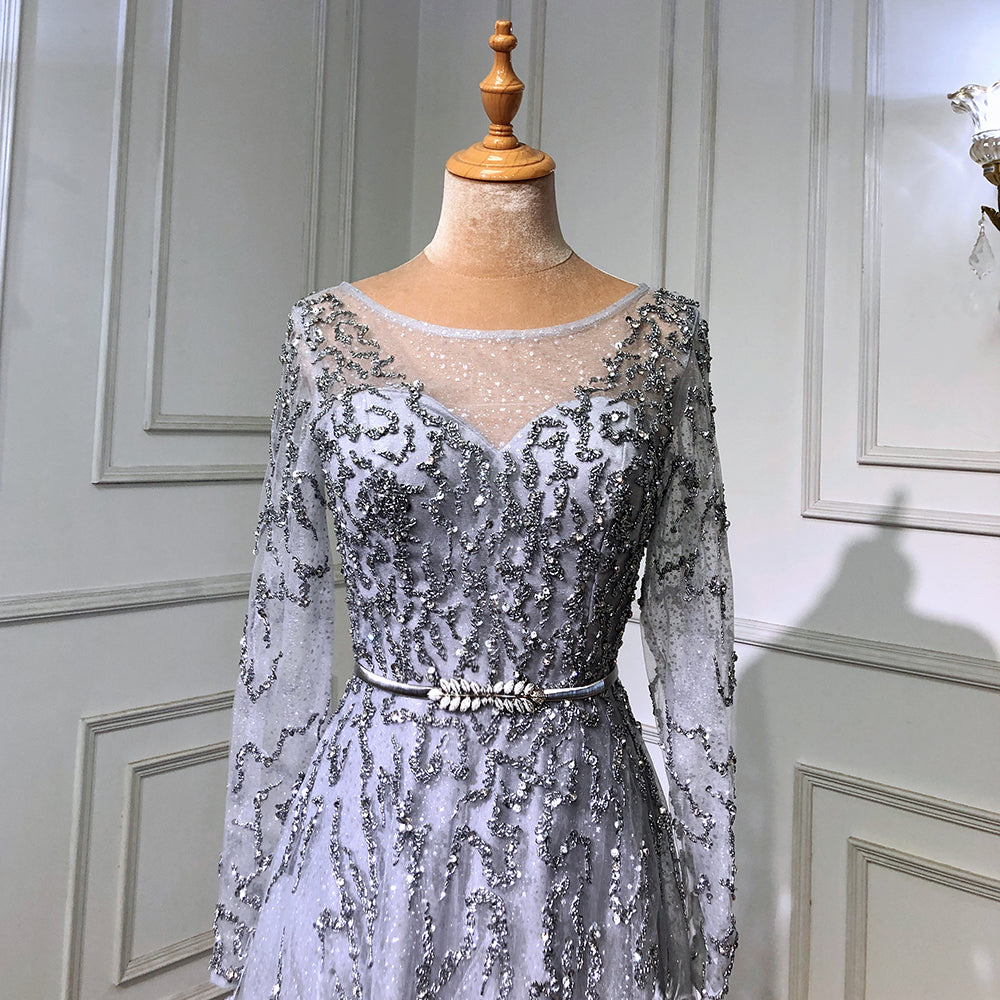 Elegant Grey Mermaid Evening Dress with Long Sleeves & Feather Beading - Luxury Women's Gown for Parties, Prom, Weddings & Formal Events - Serene Hill Collection 2025 LA70968