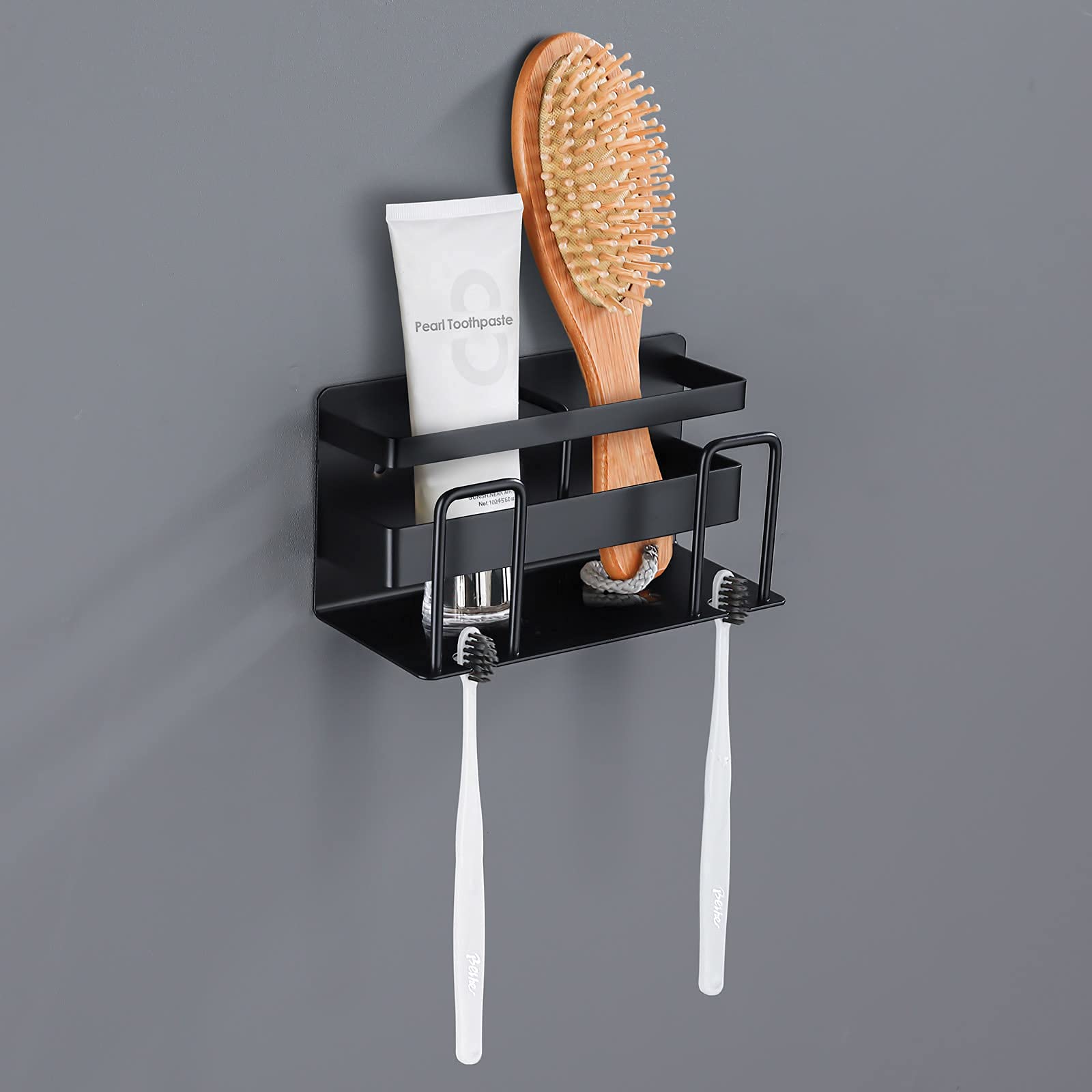 HOMELIA 2-Person Wall Mounted Toothbrush & Toothpaste Holder for Bathroom - All-in-One Organizer with Modern Design for Home Decor (Black) - Perfect for Small Spaces, Apartments & Vanity Organization