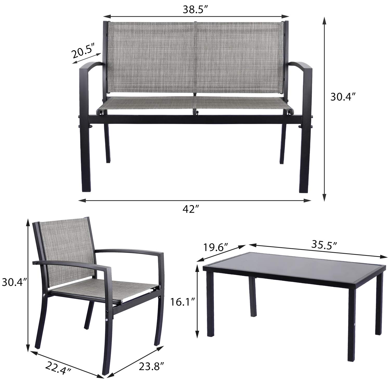 JUMMICO 4-Piece Modern Outdoor Patio Furniture Set - Grey Wicker Conversation Bistro Set with Tempered Glass Coffee Table for Garden, Porch, Lawn & Backyard | Perfect for Relaxing, Entertaining & Outdoor Dining