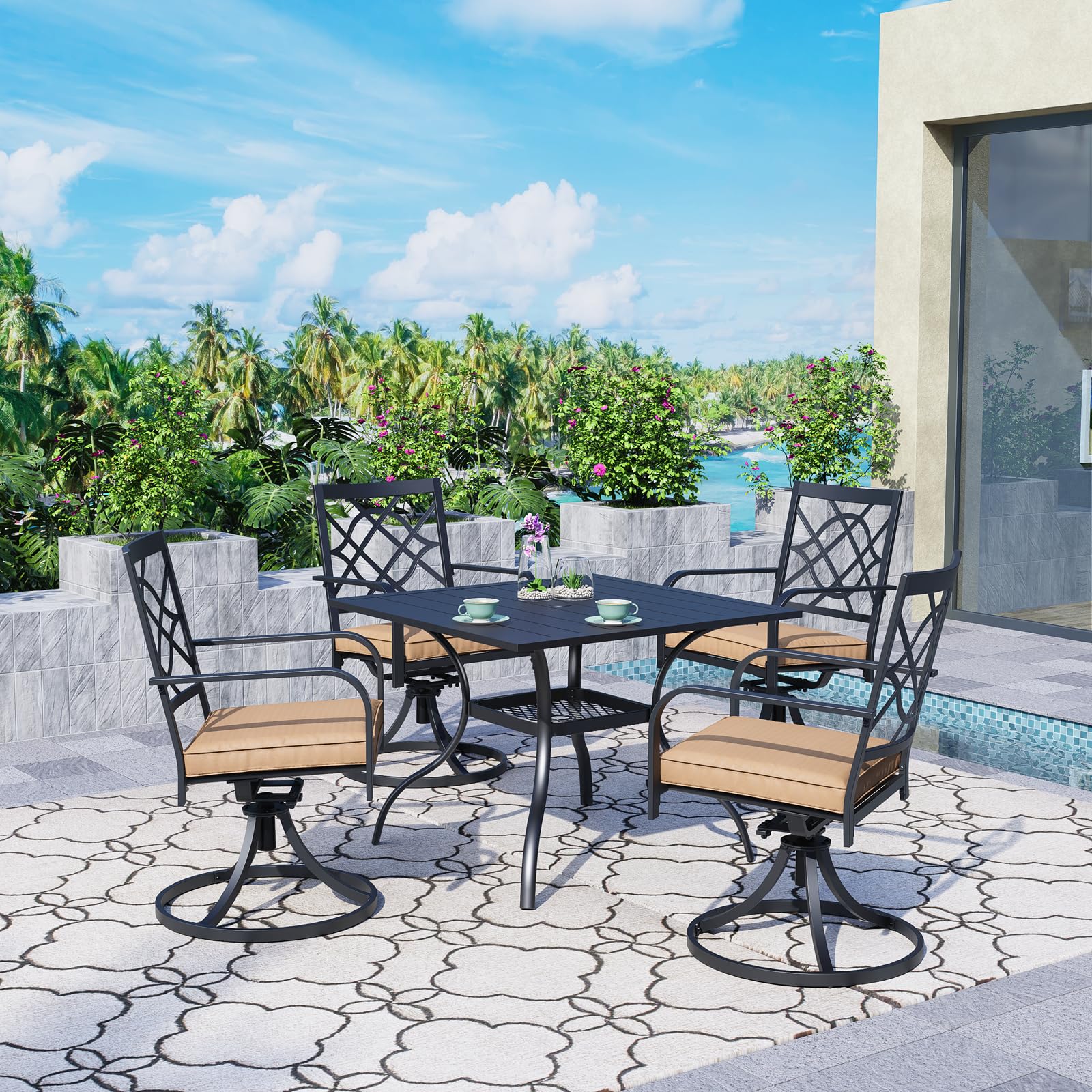 SUNCROWN 5-Piece Outdoor Dining Set - Metal Swivel Cushioned Chairs with Steel Slat Bistro Table - Patio Furniture for Backyard, Lawn, Garden, Poolside & Outdoor Entertaining