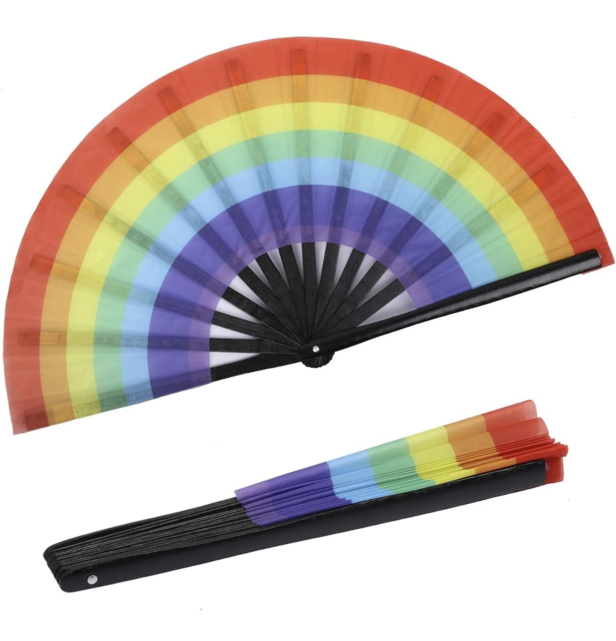 Rainbow Large Black Bamboo and Nylon Hand Fan - Elegant Folding Fan for Women, Wedding, Summer Cooling, Outdoor Events & Home Décor