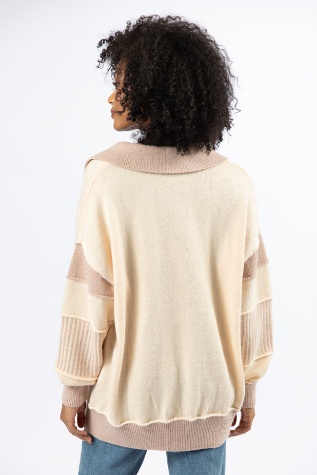 Think About It Cream and Mauve Collared Oversized Sweater for Women | Cozy Winter Pullover | Perfect for Casual Outfits, Office Wear & Date Nights