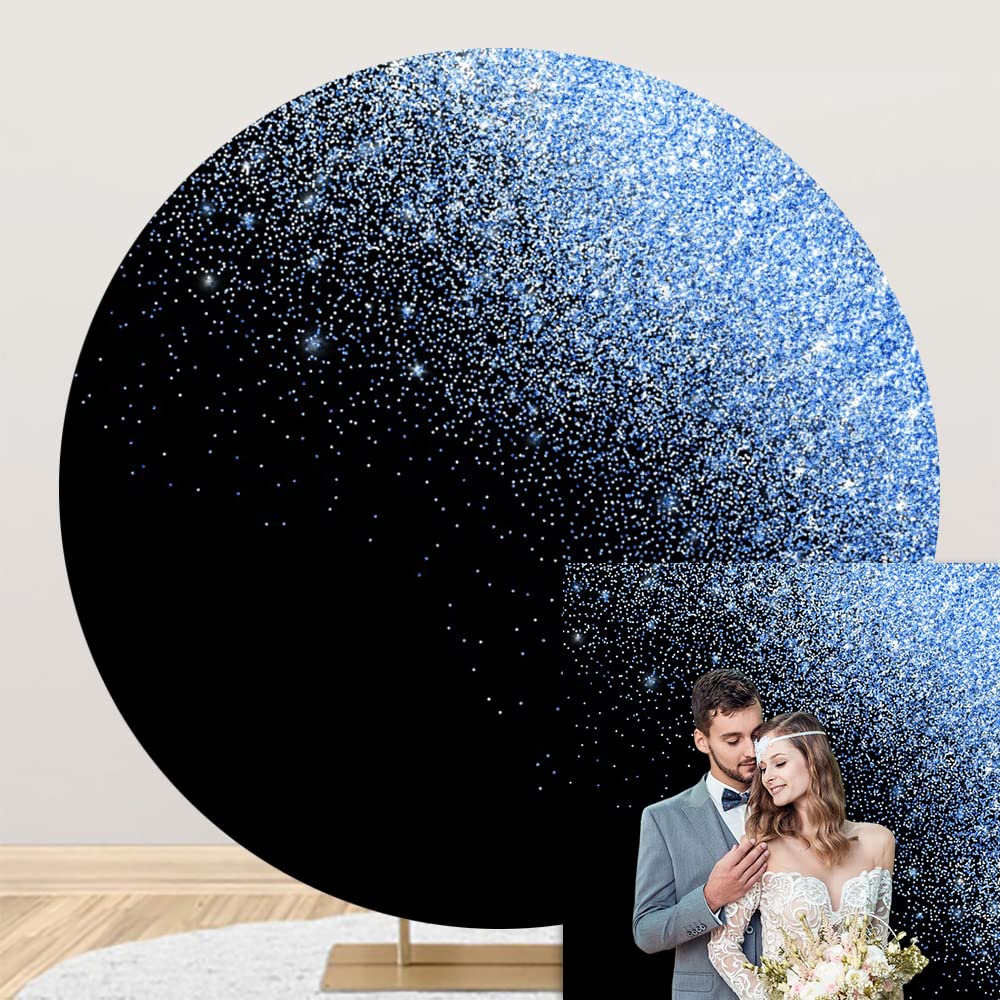 7ft Round Blue Glitter Sequins Backdrop - Elegant Wedding Photography Background for Birthday, Confession, Celebration Party | Luxury Sparkle Dots Design with Black Base | Perfect for Photo Booths, Stage Decor, and Special Events