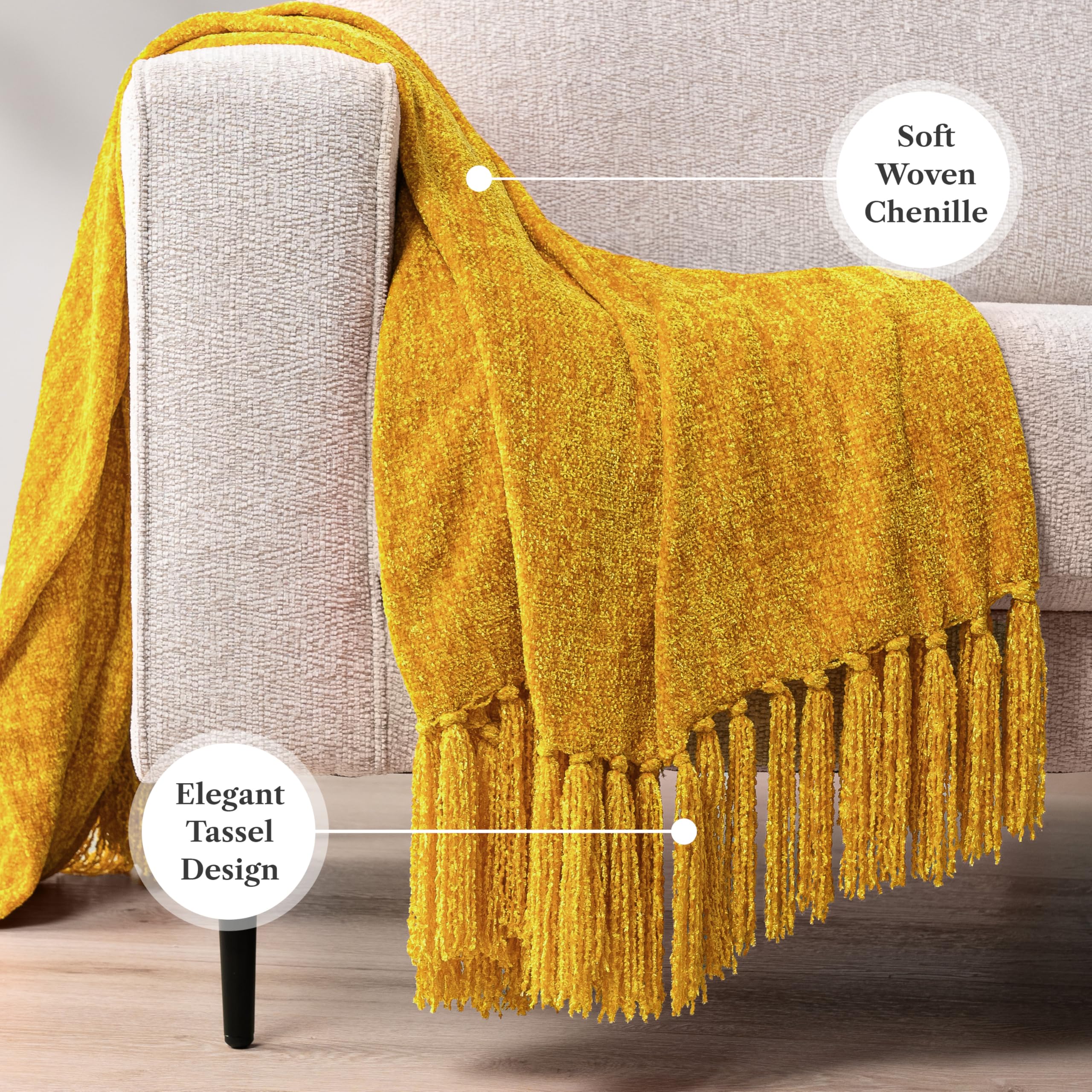 Pavilia Mustard Yellow Knit Throw Blanket - Soft Woven Blanket with Tassels for Couch, Sofa Bed & Chair - 50x60 Inches - Perfect for Living Room Decor, Cozy Nights & Gift Giving
