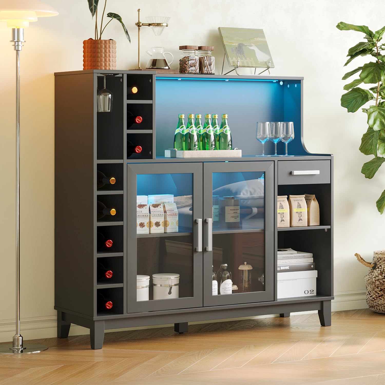 Modern Wine Bar Cabinet with LED Lights - LINSY HOME Liquor Storage with Wine & Glass Rack, Coffee Bar Cabinet with Drawers - Buffet Sideboard for Living Room & Dining Room (Black) | Perfect for Home Entertaining, Wine Storage & Stylish Kitchen Organization