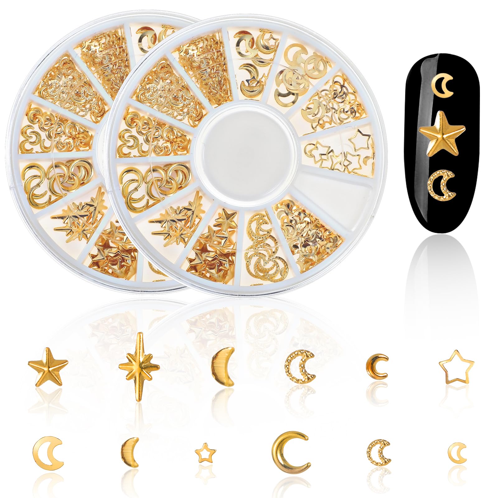 2 Boxes Gold Nail Charms Set - Star & Moon 3D Nail Art Studs, Sparkling Alloy Nail Decorations, Mini Nail Accessories for Professional Manicure | Perfect for Nail Salons, DIY Nail Art, Parties and Special Occasions