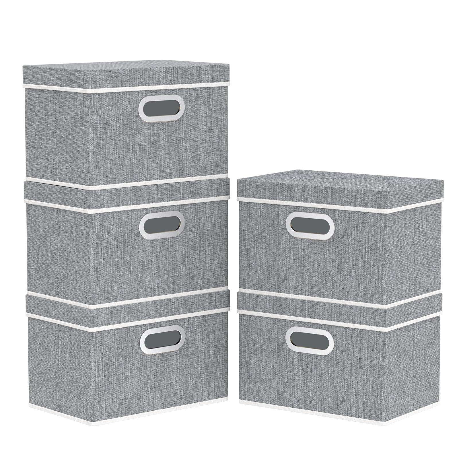 Yawinhe 5-Pack Storage Bins with Lids & Metal Handles - 15''L x 9.8''W x 9.8''H Waterproof Organizer Baskets for Closet, Home & Office Organization (Gray)