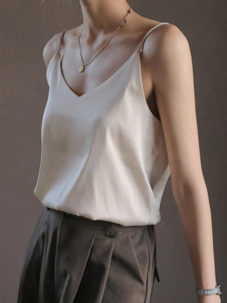 Acetate Satin Grey Camisole for Women - Loose Summer Spaghetti Strap Tank Top with V-Neck & Backless Design | Perfect for Layering, Beachwear & Night Out