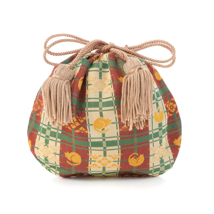 Nishijin Ori Small Drawstring Cat Purse - Handmade Kyoto Japan Traditional Craft Brown Bag | Perfect for Cosplay, Gift & Japanese Culture Enthusiasts