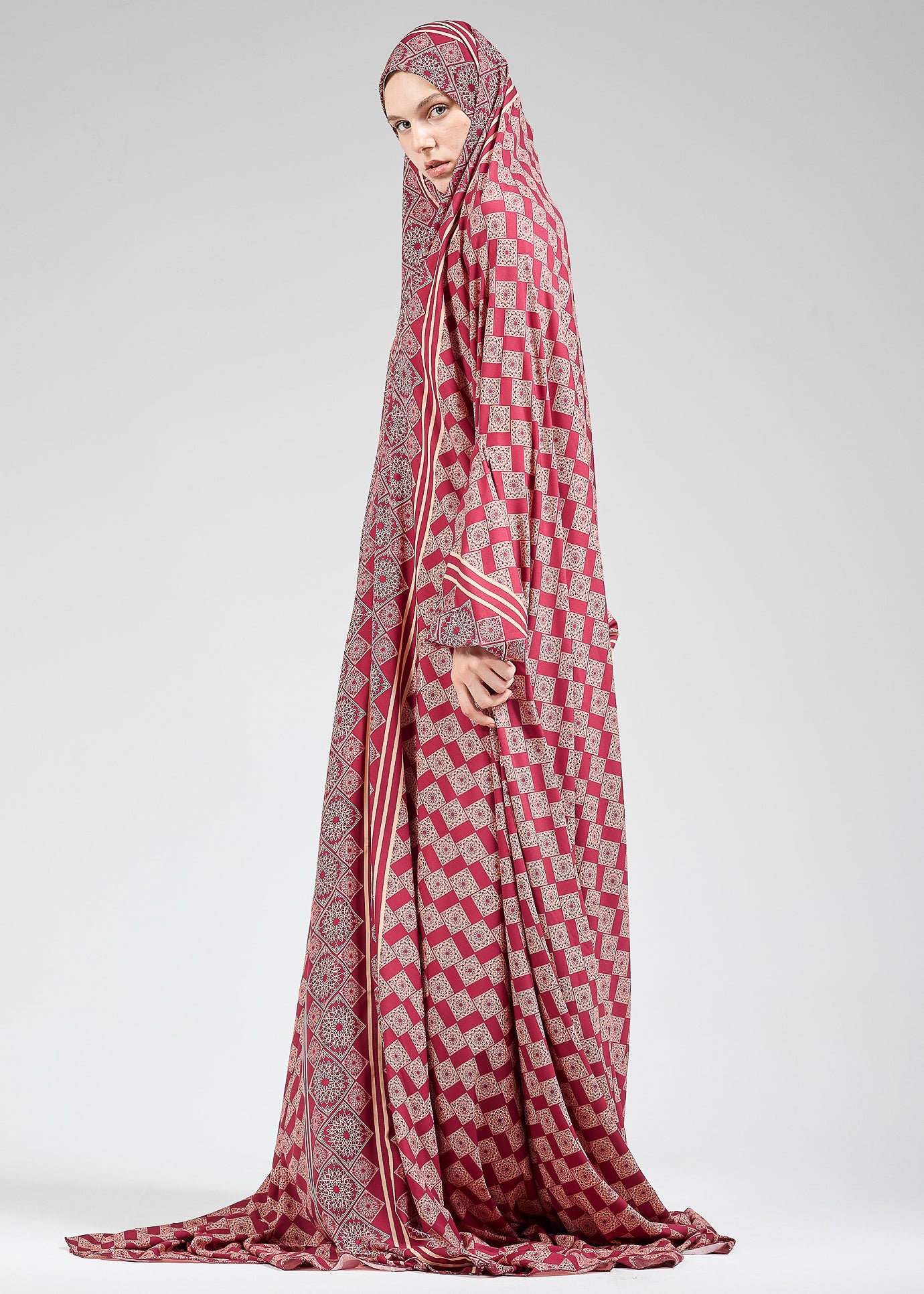 Basira Satin Prayer Gown with Geometric Floral Print - Modest Islamic Dress for Hijab Wearers - Perfect for Salah, Eid, and Special Occasions