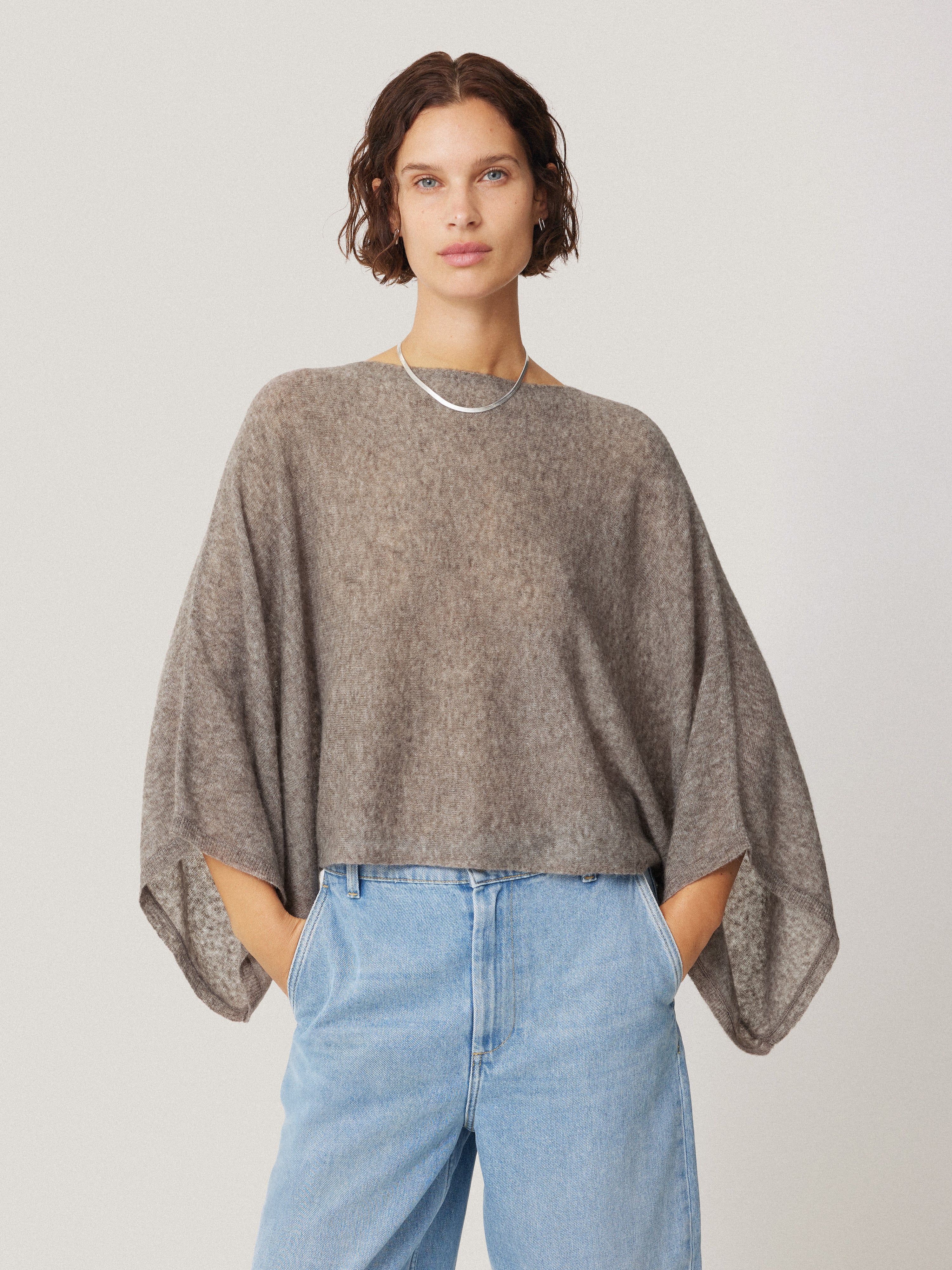 Soft Gauzy Knit Poncho Jumper - Cozy Oversized Women's Sweater in Taupe | Perfect for Fall Layering, Casual Outfits & Boho Fashion