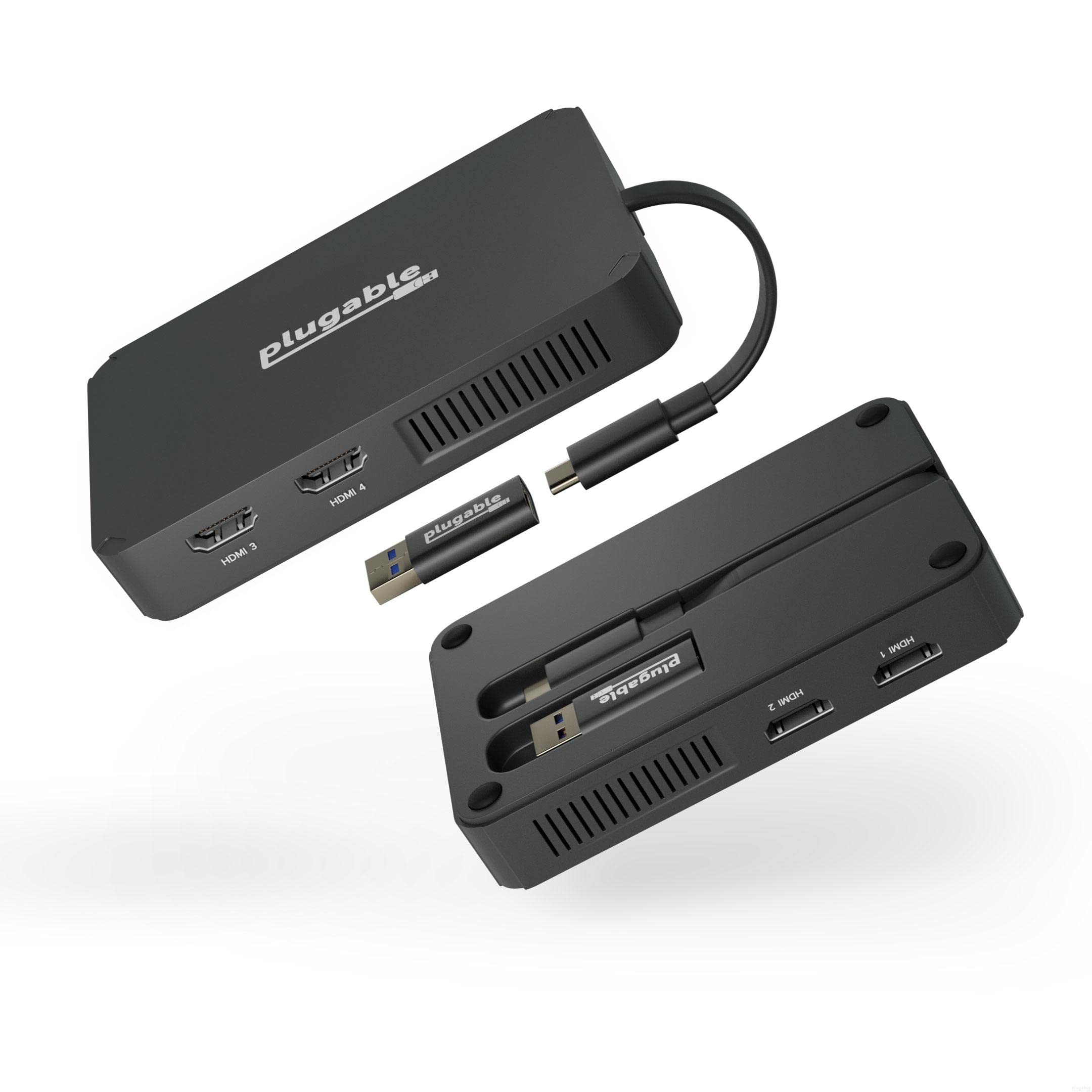 Plugable 4 HDMI Multi Monitor Adapter - USB 3.0/USB C to HDMI Converter for Windows & Mac - 4K@60Hz Quad Display Adapter for Home Office, Gaming & Video Editing
