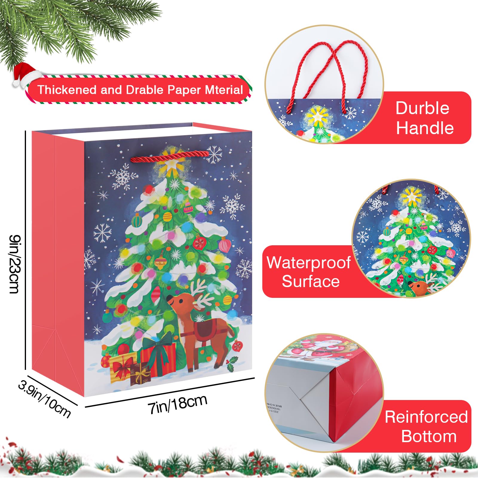 18 Pack Christmas Gift Bags - Assorted Sizes Large Non-Woven Reusable Holiday Tote Bags with Handles for Xmas Presents, Party Favors & Festive Gift Wrapping