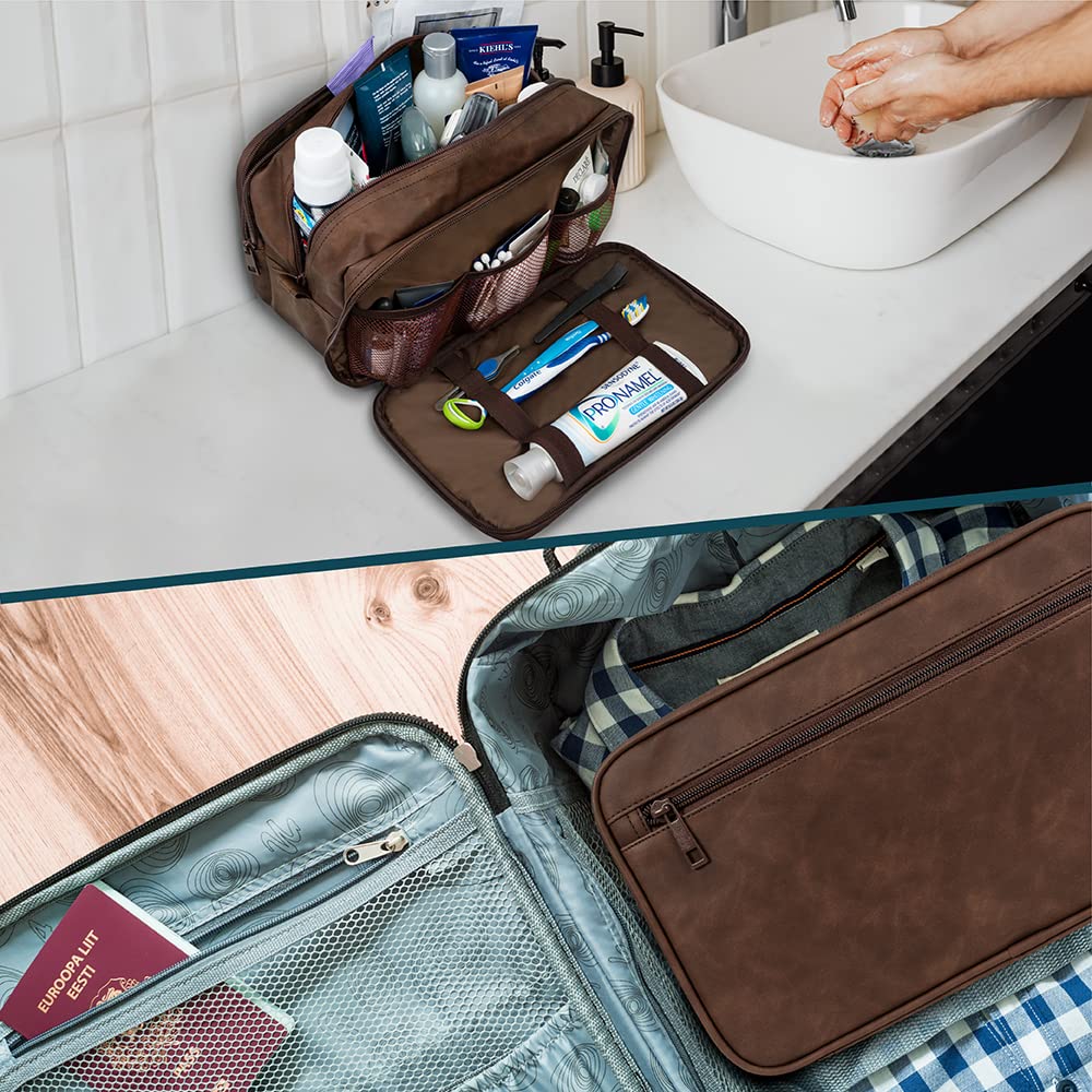 PAVILIA Men's Travel Toiletry Bag - Waterproof PU Leather Dopp Kit Organizer for Shaving, Cosmetic & Grooming Essentials | Perfect for Business Trips, Gym, Camping & Vacation (Black)