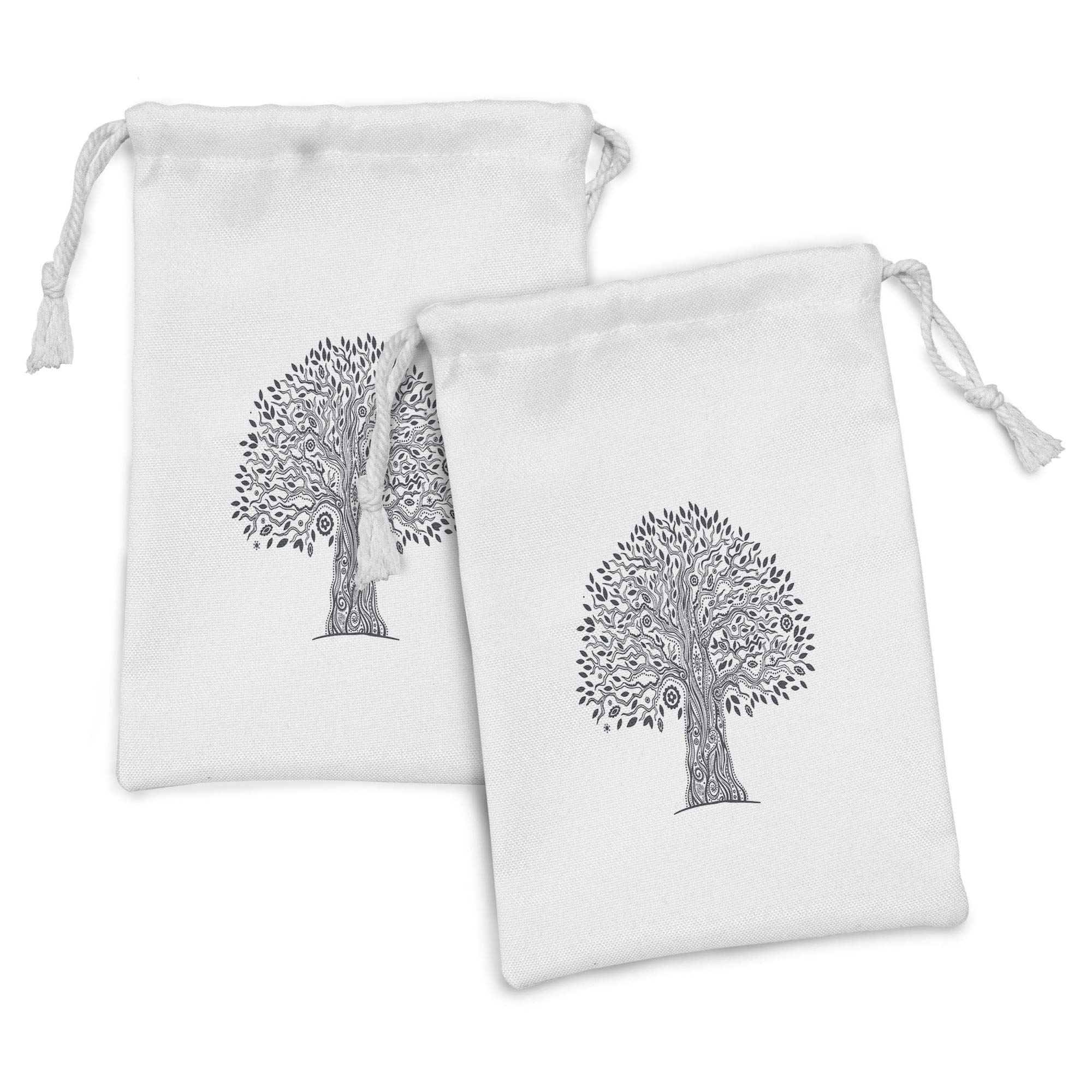 Ambesonne Vintage Tribal Fabric Pouch Set of 2 - Monochrome Ornamental Tree with Leaves Print Small Drawstring Bag - 9