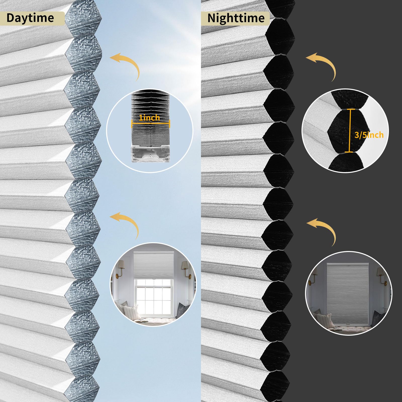 MiLin Cordless Cellular Shades - No Tools No Drill Window Blinds for Indoor Use, Magnetic Door Blinds (Blackout, White, 57.5