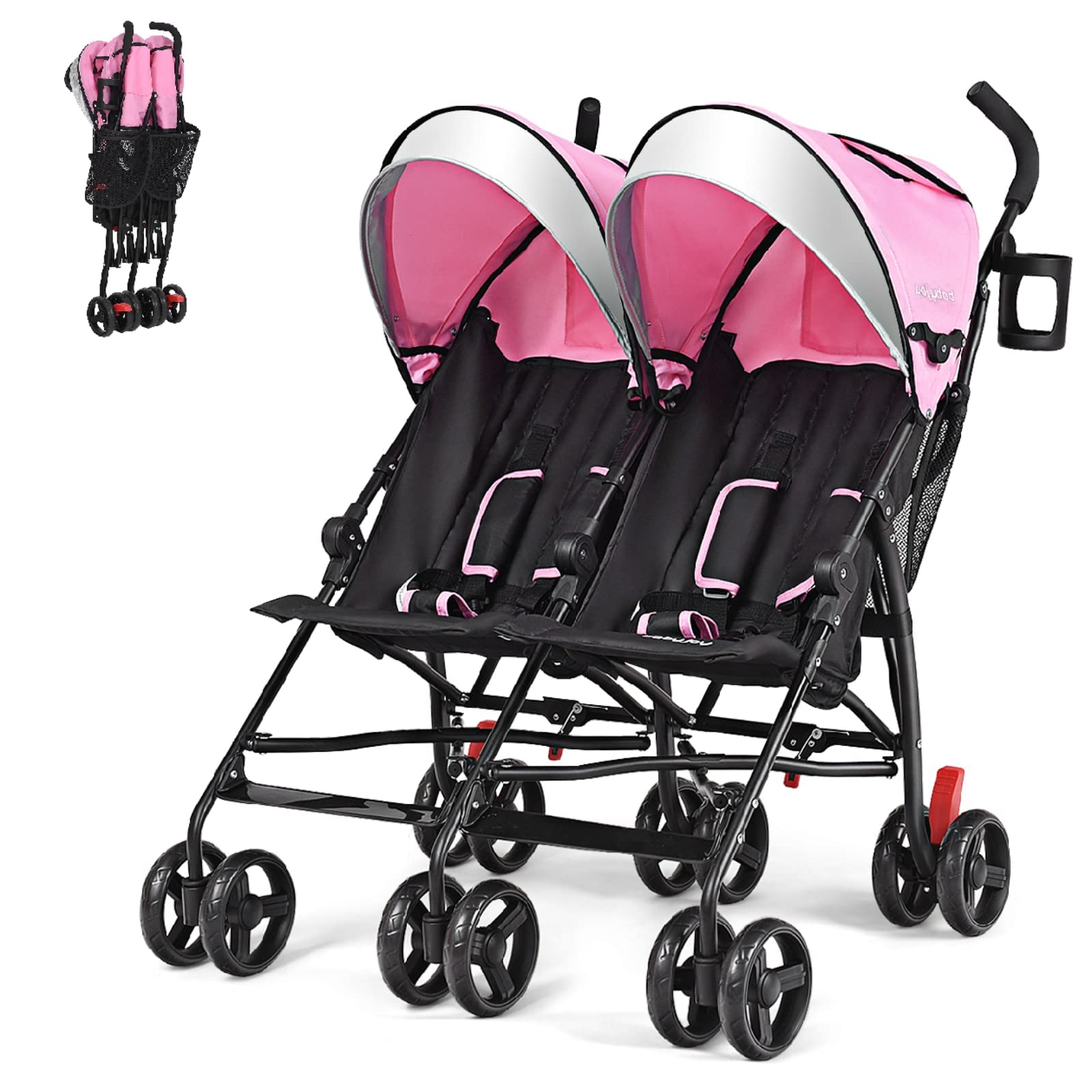 HONEY JOY Double Stroller - Compact Lightweight Side by Side Twin Stroller with Adjustable Canopy, Cup Holder & Storage Bag | Foldable Travel Stroller for Airplane | Perfect for Infants and Toddlers | Ideal for Shopping, Traveling and Outdoor Adventures