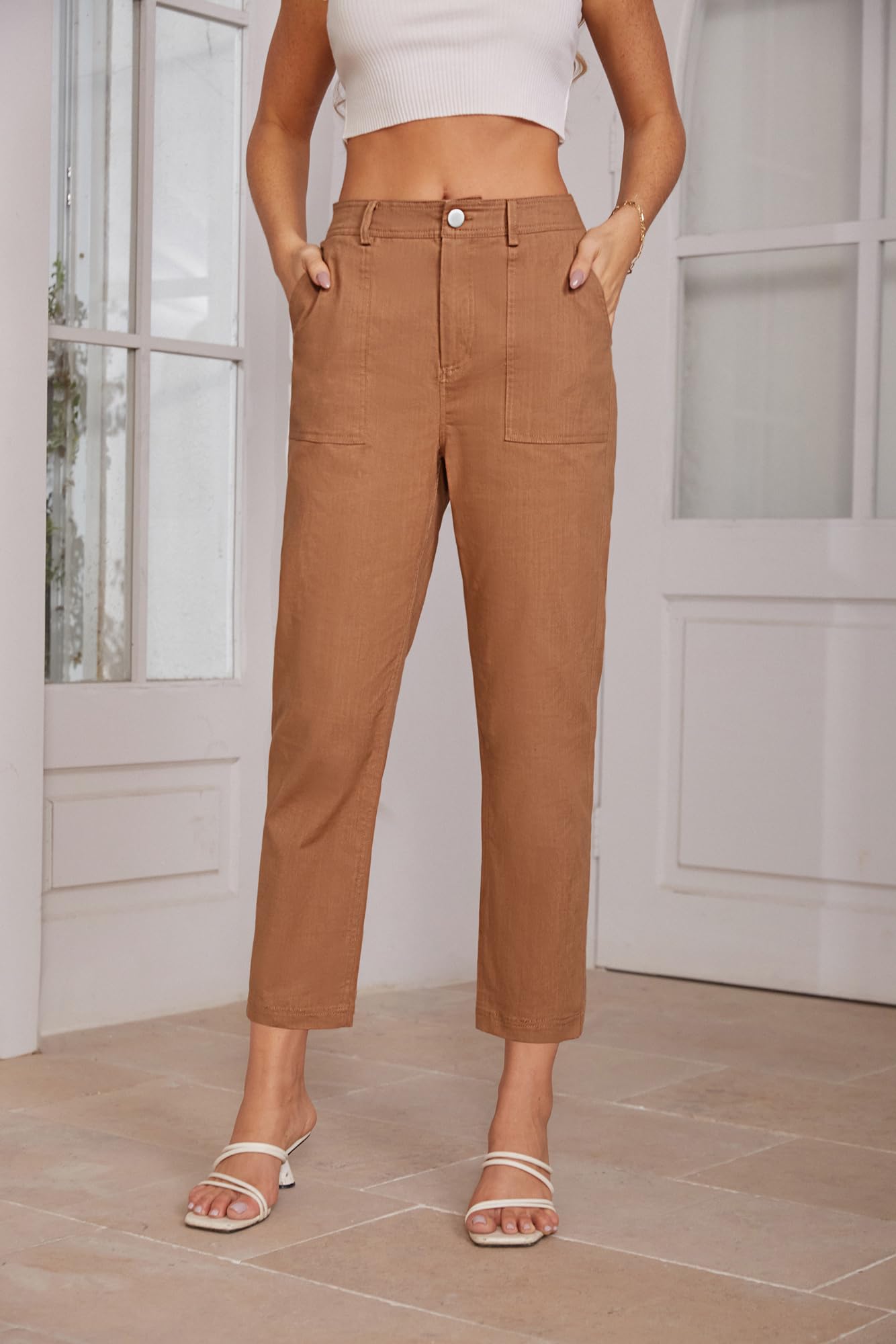 GRACE KARIN Women's High Waisted Capri Pants - Office Work Pants with Tummy Control, Casual Dressy Slim Fit Ankle Pants in Rust Brown (Size M) | Perfect for Business Casual, Workwear & Everyday Comfort
