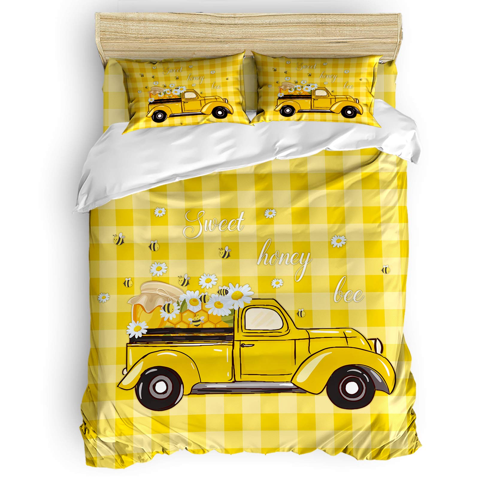 Yellow Truck Honey Bee Daisy 4-Piece Duvet Cover Set - Lightweight Microfiber Soft Comforter Cover for Adults & Teens - Summer Sweet Buffalo Plaid Bedding - Perfect for Cozy Bedrooms & Guest Rooms