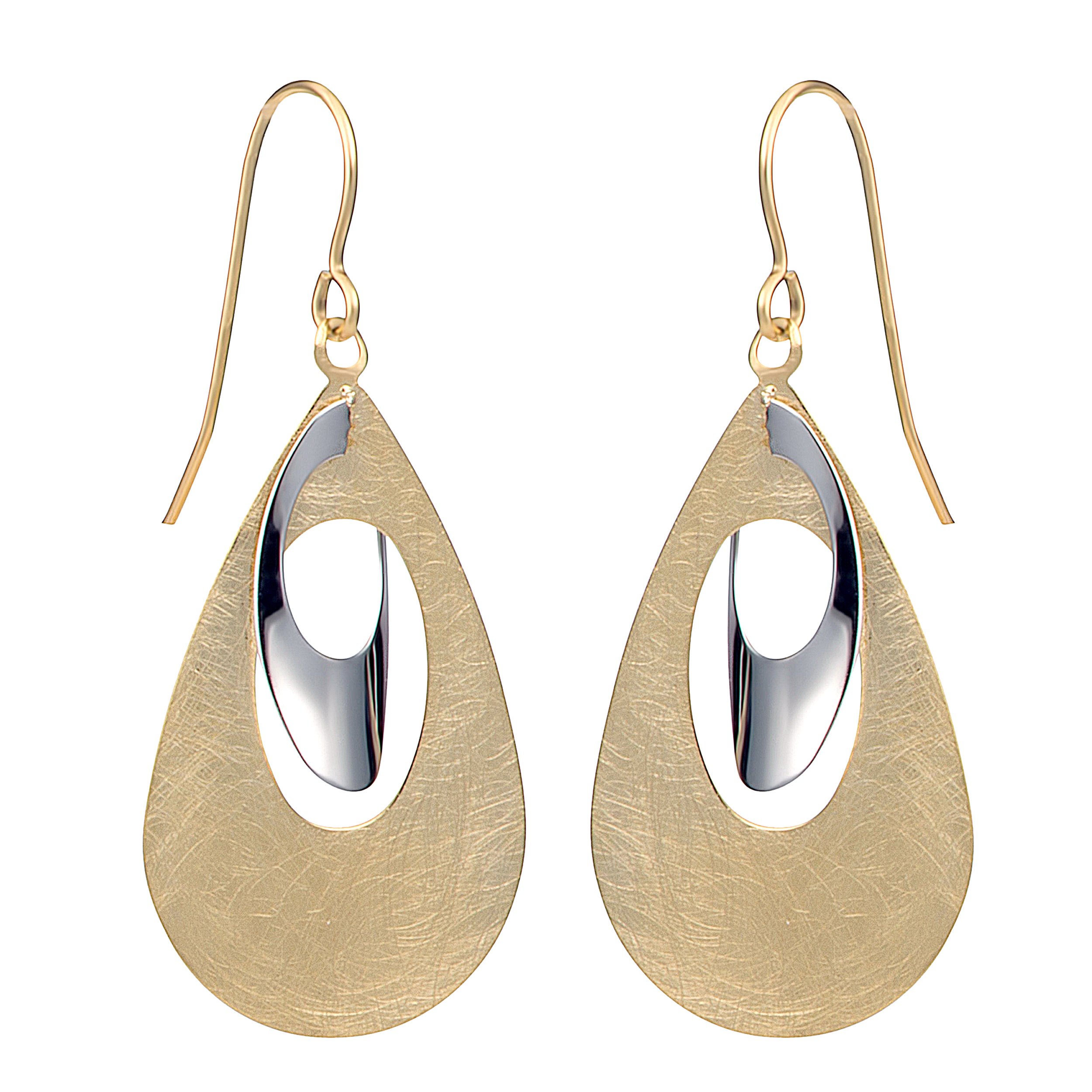 10K Two-Tone Gold Polish Finish Oval & Mixed Brush Teardrop Dangle Earrings for Women – Elegant Jewelry for Parties, Weddings & Special Occasions
