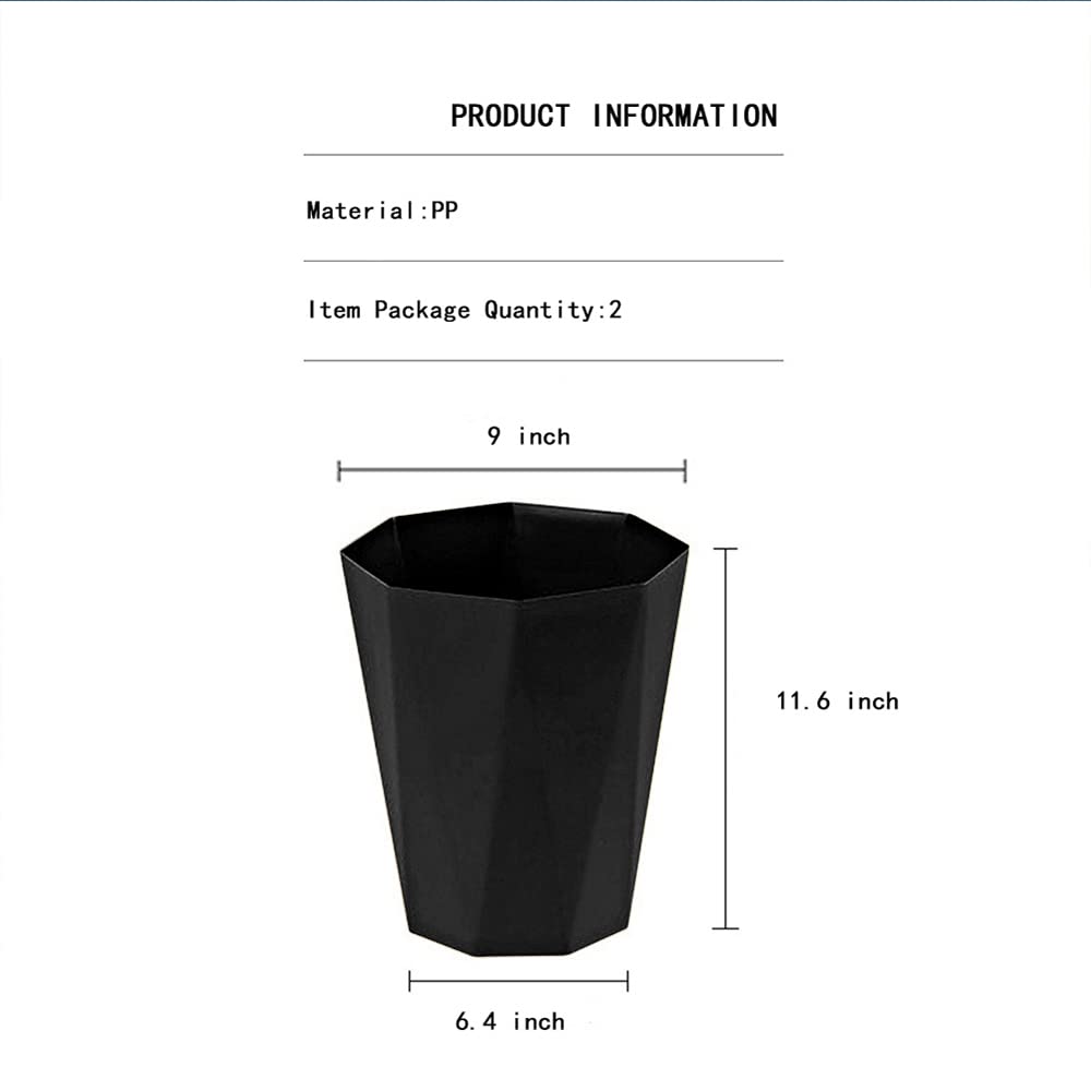 2-Pack Black 2.6 Gallon Plastic Trash Can - Small Waste Basket for Bathroom, Office, Bedroom & Kitchen | Space-Saving Garbage Bin for Home & Office Use