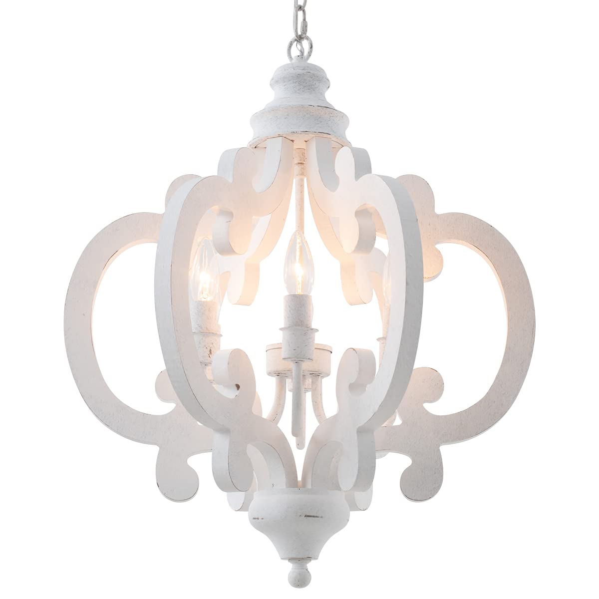 Vintage Farmhouse Chandelier - 6-Light Distressed White Wooden Pendant Light - 21 Inch Rustic Ceiling Fixture for Dining Room, Kitchen, Bedroom, Living Room & Hallway - Perfect for Cottage, Country Home Decor and Cozy Farmhouse Lighting